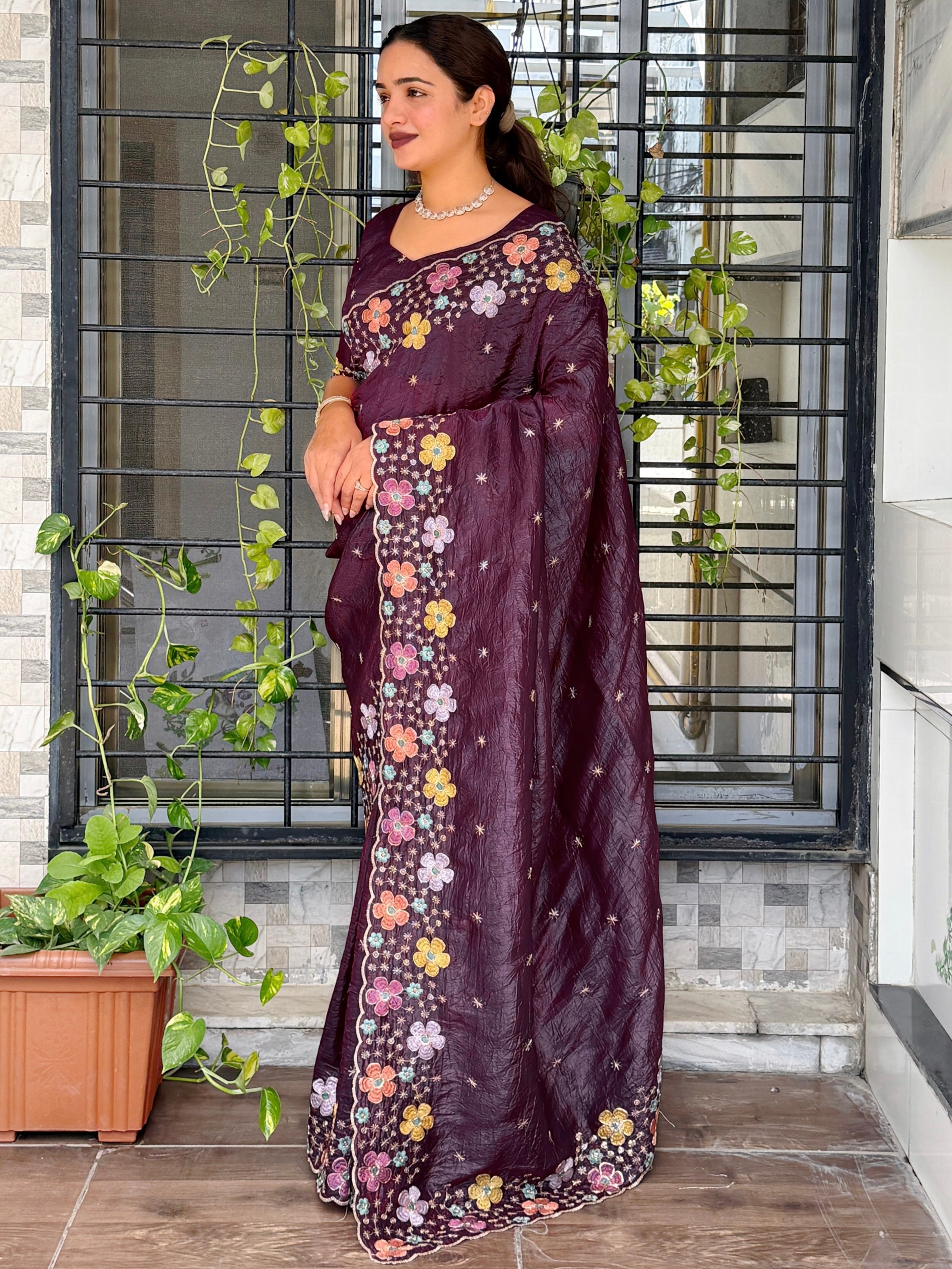 Sumptuous Sufi Silk Crush Thread n Sequence Beads Work Fancy Designer Saree With Exquisite Blouse Piece