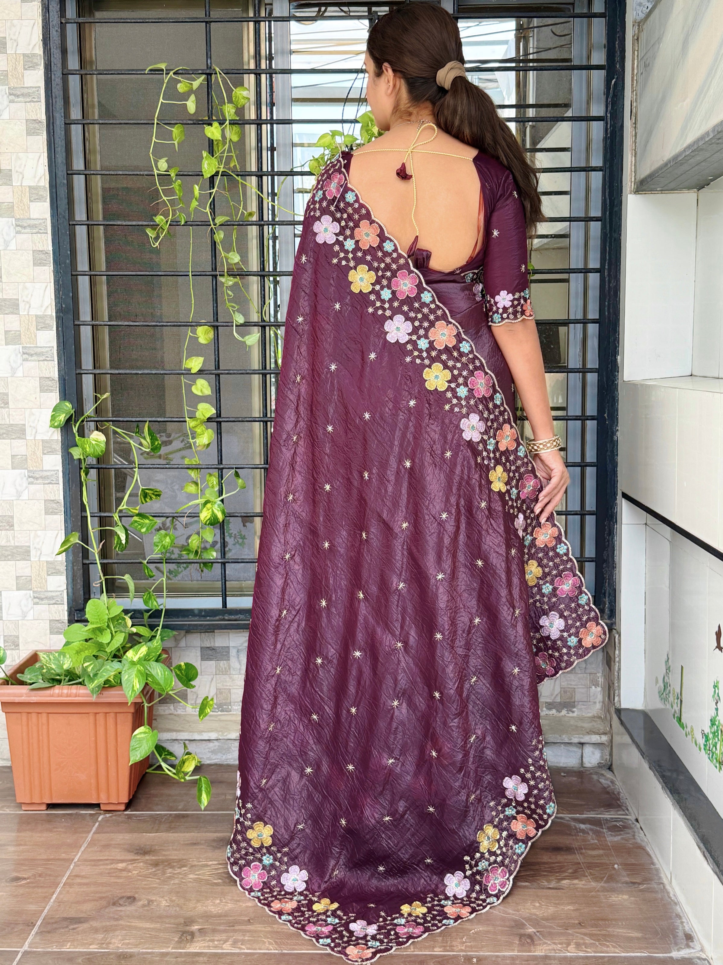 Sumptuous Sufi Silk Crush Thread n Sequence Beads Work Fancy Designer Saree With Exquisite Blouse Piece