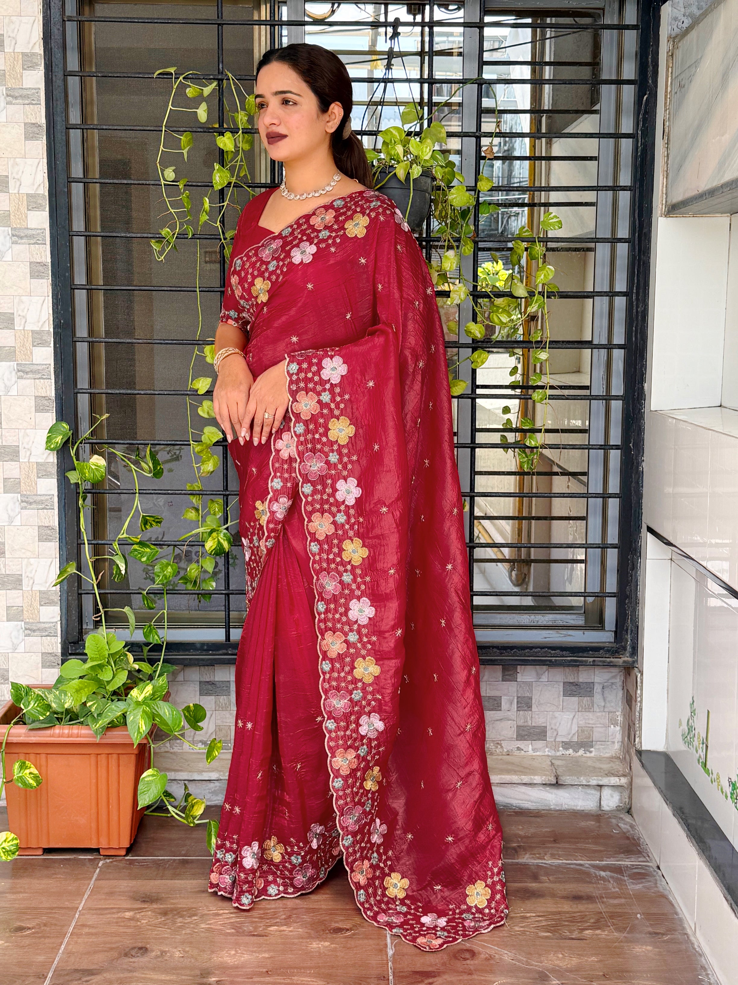Sumptuous Sufi Silk Crush Thread n Sequence Beads Work Fancy Designer Saree With Exquisite Blouse Piece