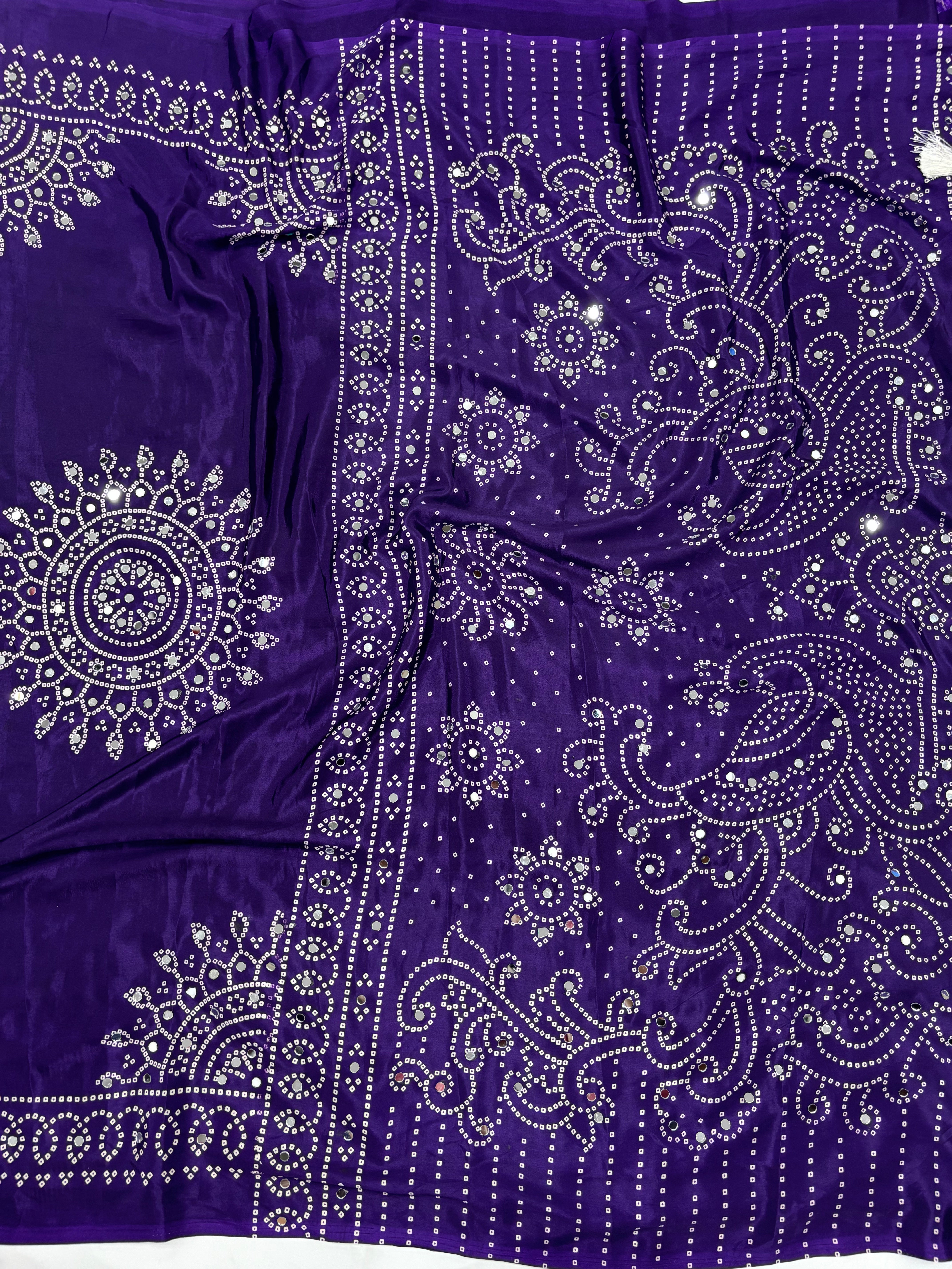 Artisanal Function Wear Pure Satin Silk Ajrak Printed Rich Pallu n Mirror Work Designer Saree