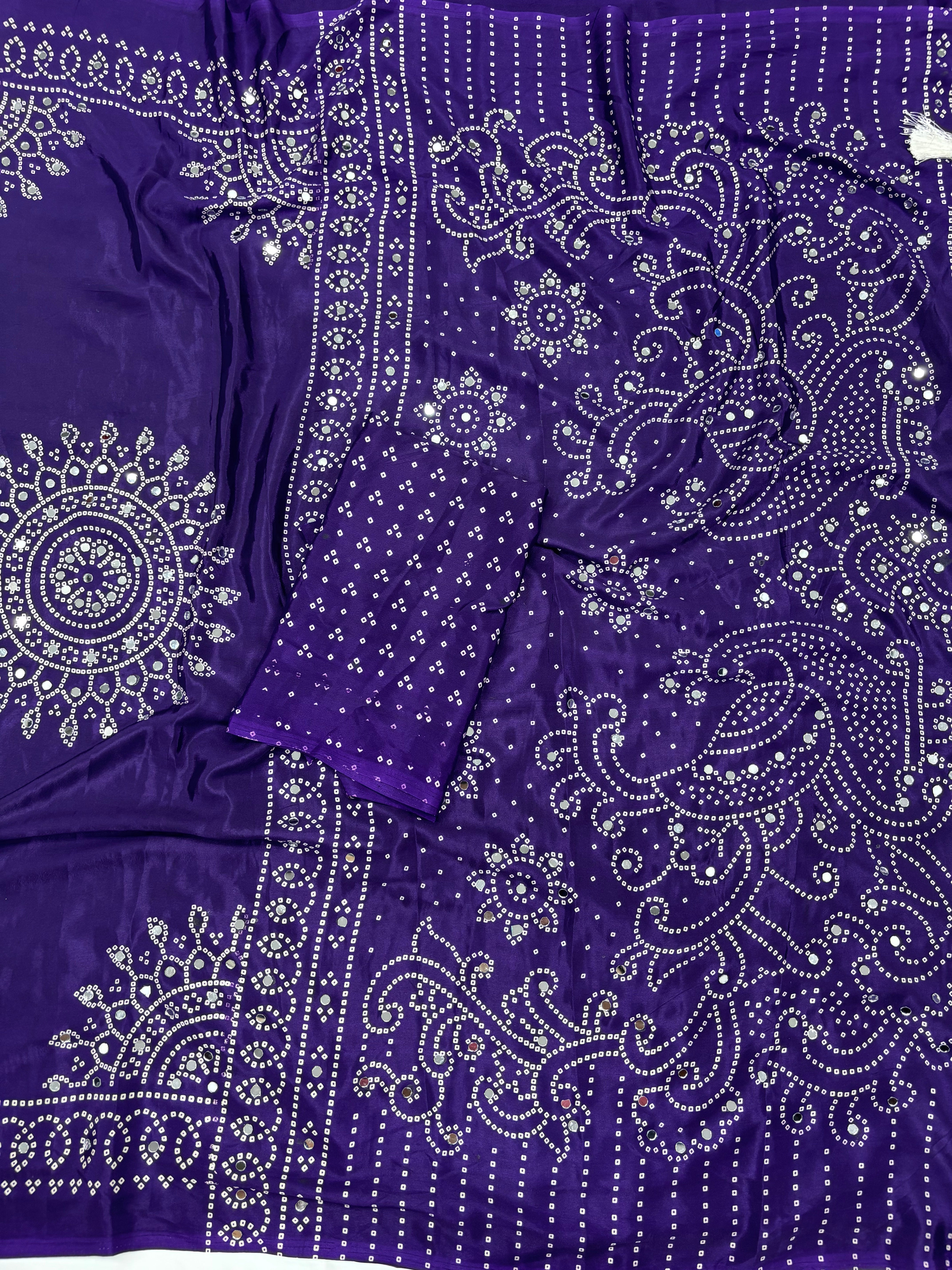 Artisanal Function Wear Pure Satin Silk Ajrak Printed Rich Pallu n Mirror Work Designer Saree