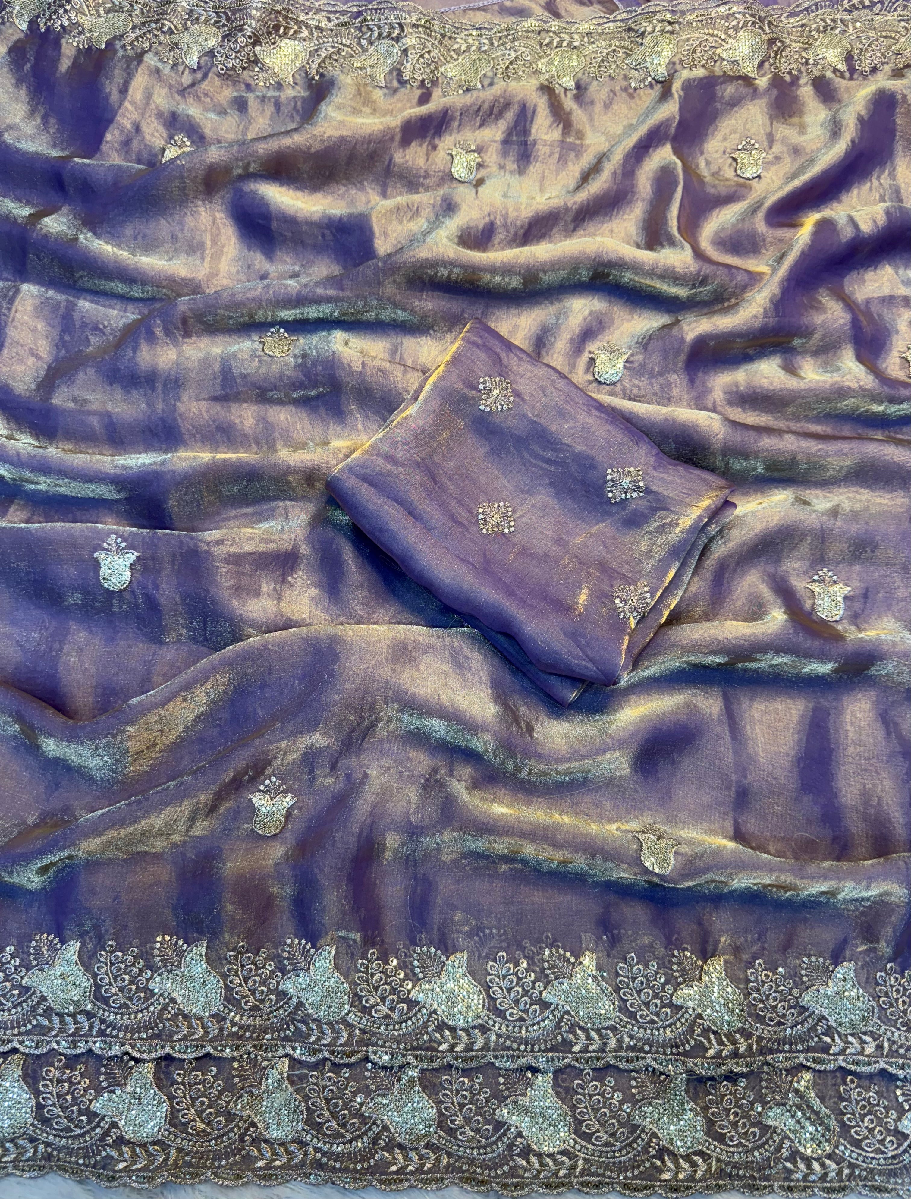 Delightful Festive Wear Silk Multi Thread n Sequence Embroidery Work Fancy Designer Saree With Blouse Piece