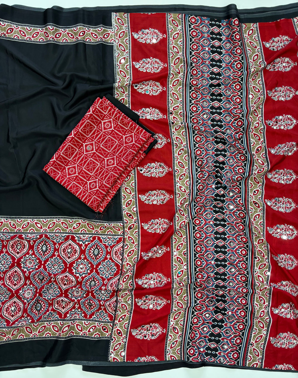 Exquisite Festive Wear Pure Satin Silk Ajrak Printed Rich Pallu n Tussles Work Fancy Saree With Bouse Piece