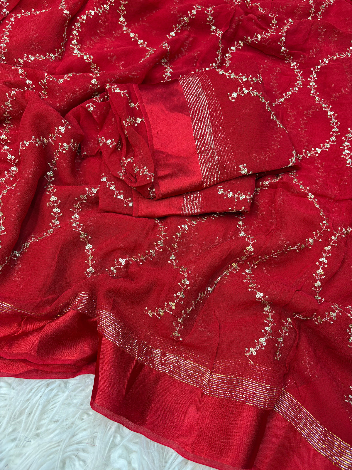 Charming Pure Viscose Georgette Fabric With Satin Border n Embroidered Work Saree With Blissful Blouse Piece