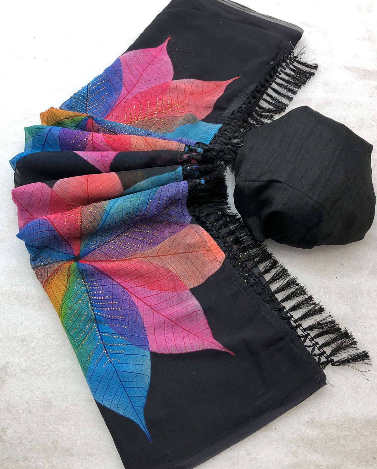New Partywear Black Color Print n Siroski With Tassels Work Fancy Designer Saree