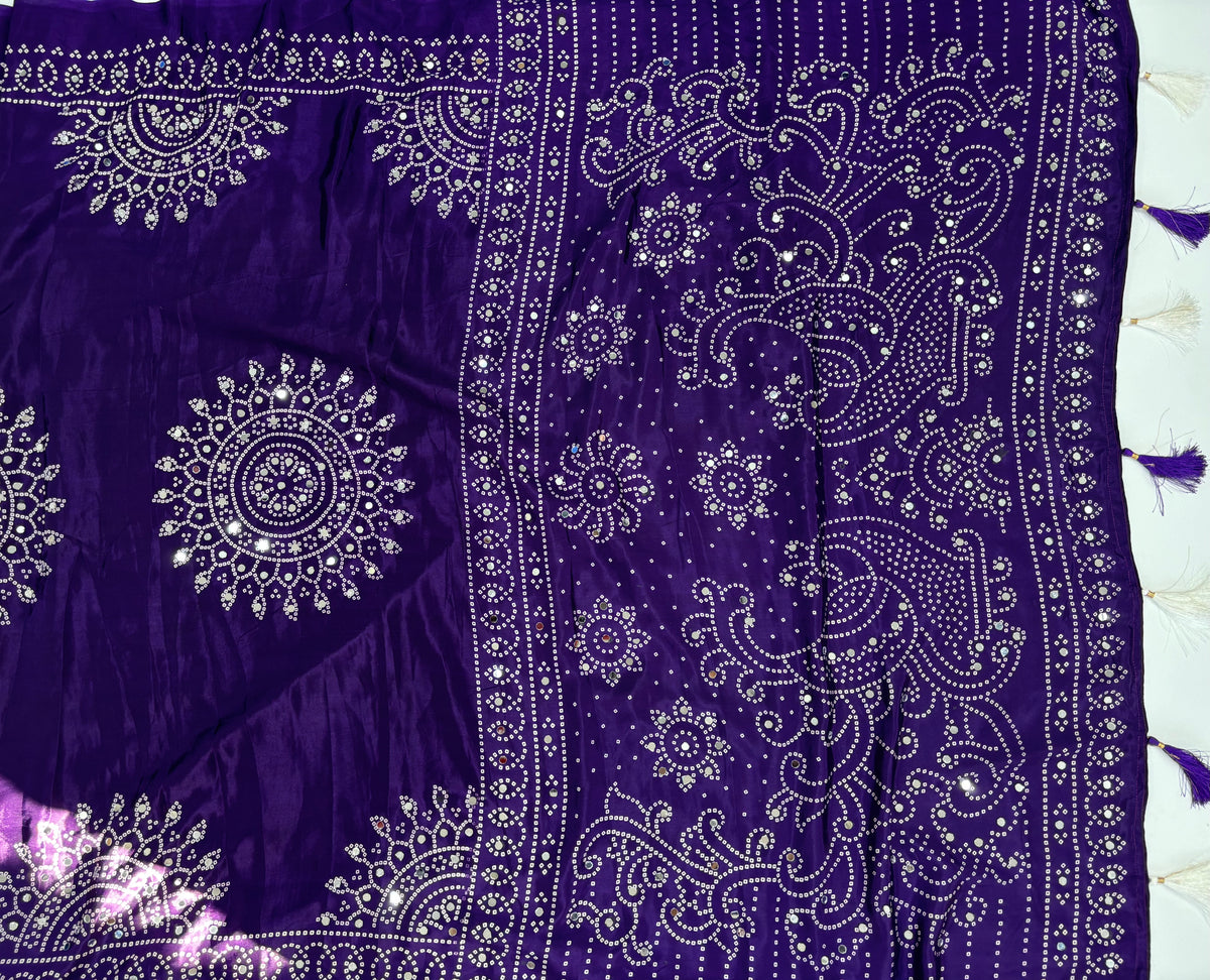 Artisanal Function Wear Pure Satin Silk Ajrak Printed Rich Pallu n Mirror Work Designer Saree