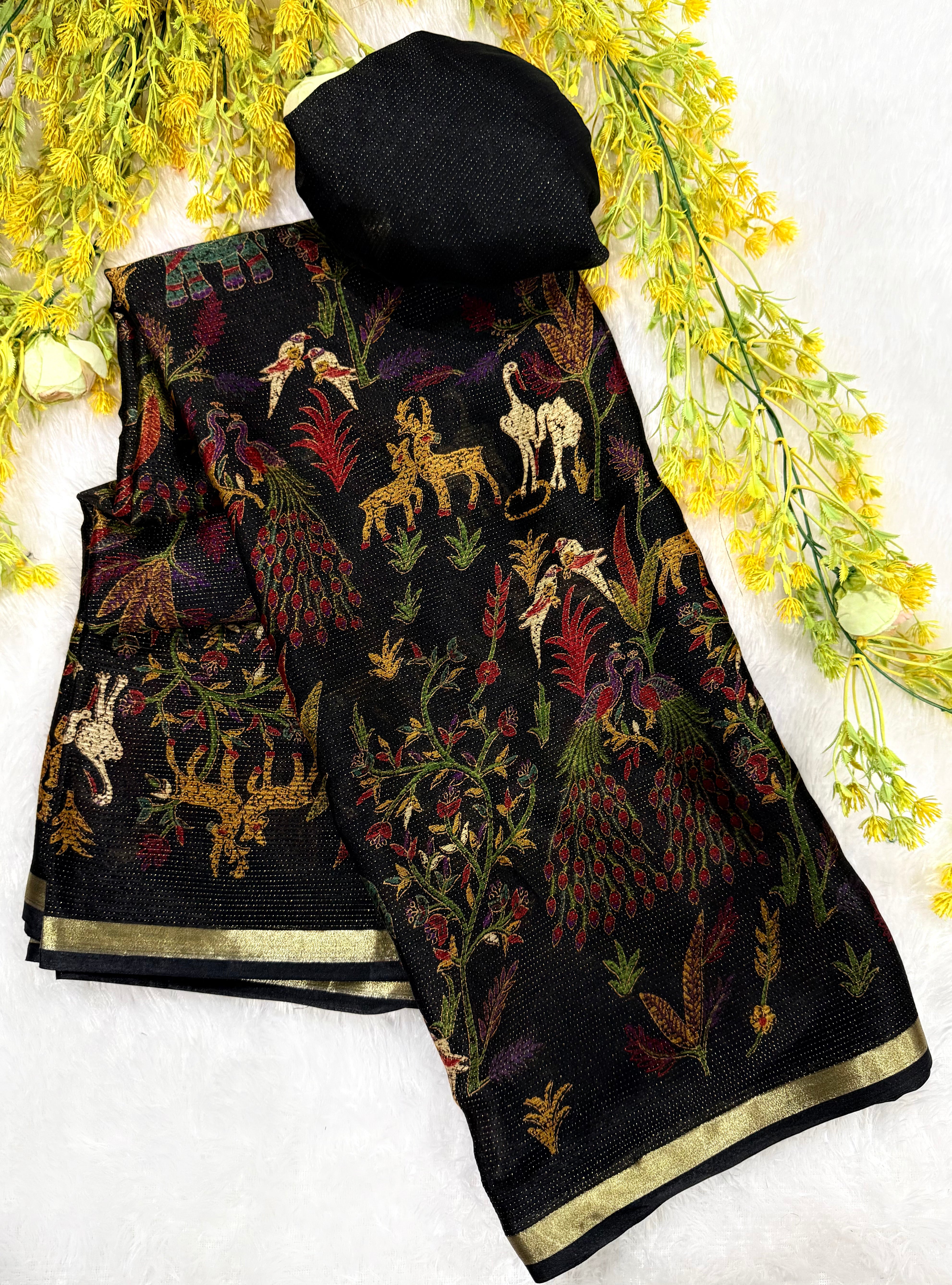 Gratifying Festive Wear Chiffon Silk Print Design Zari Border Designer Saree With Blouse Piece
