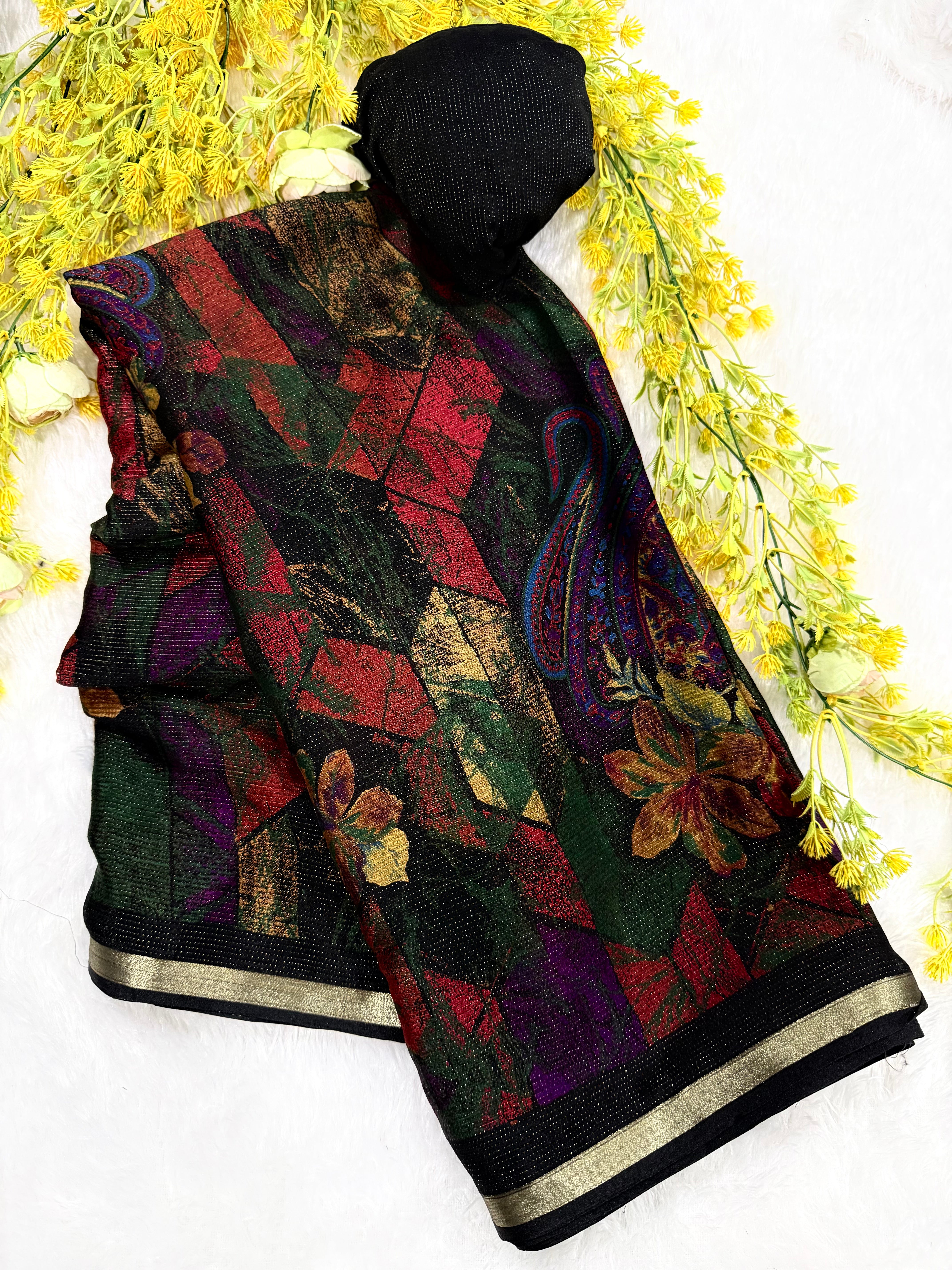 Fantabulous Function Wear Chiffon Silk Print Design Zari Border Fancy Saree With Blouse Piece