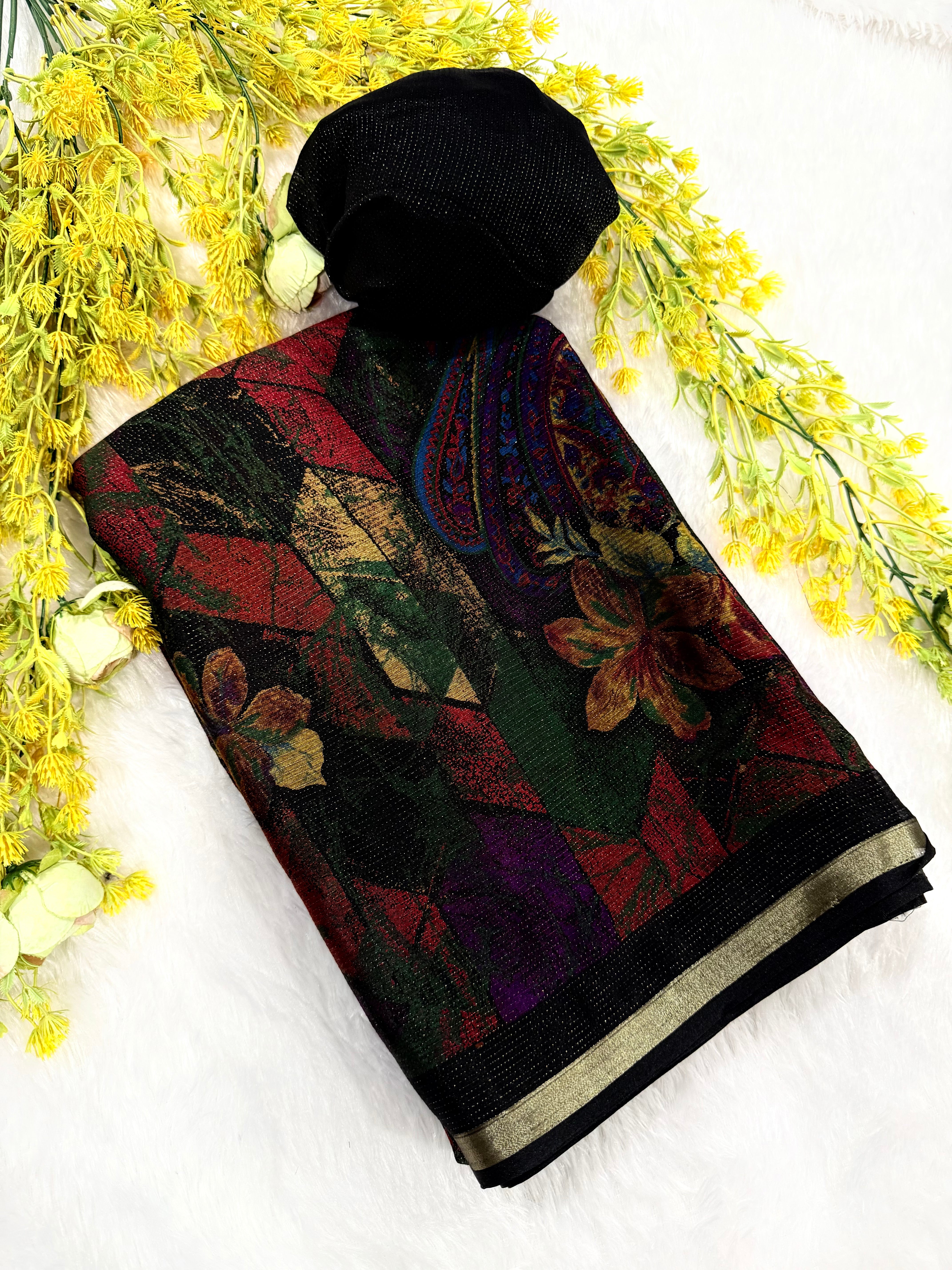 Fantabulous Function Wear Chiffon Silk Print Design Zari Border Fancy Saree With Blouse Piece