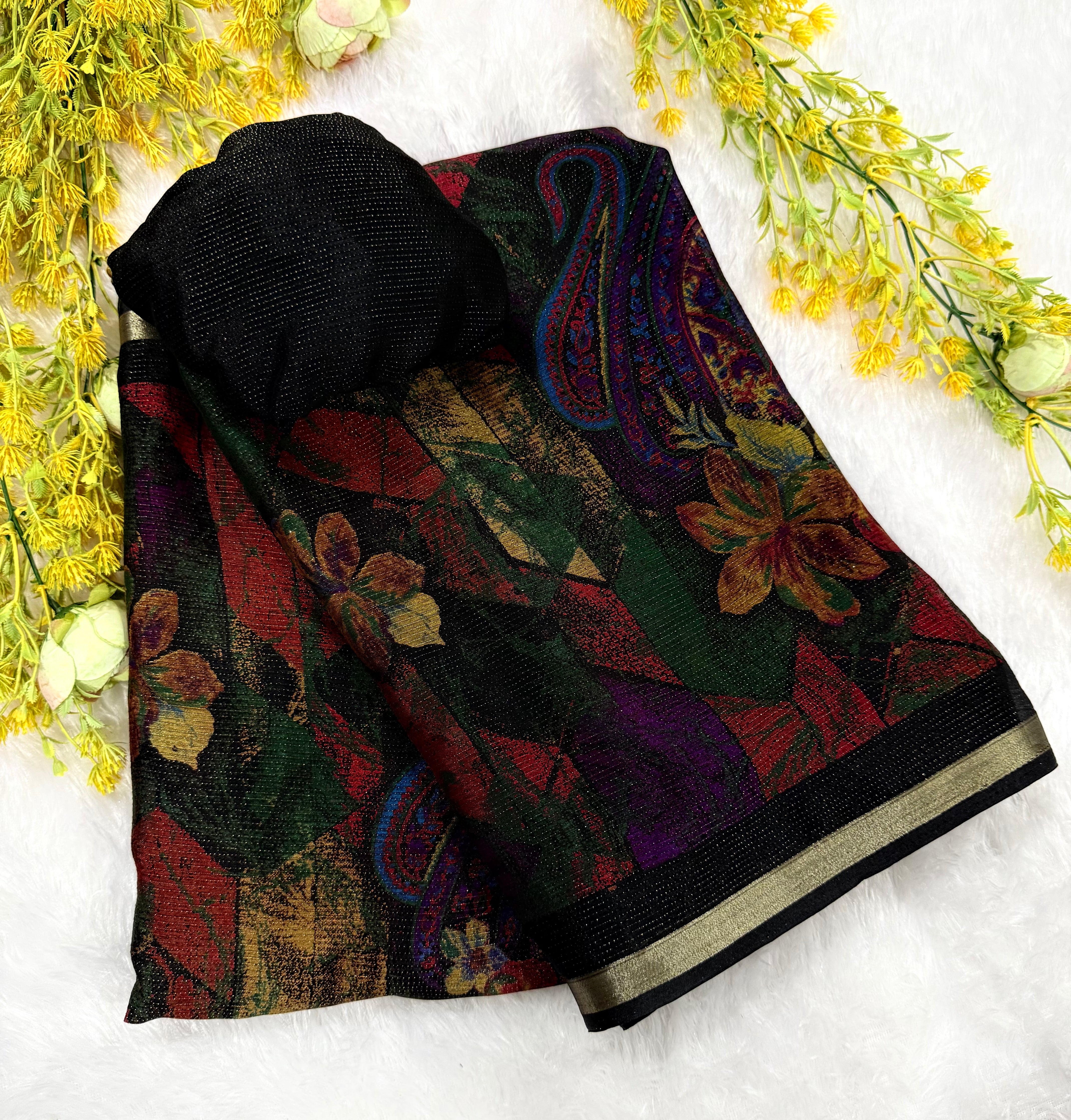 Fantabulous Function Wear Chiffon Silk Print Design Zari Border Fancy Saree With Blouse Piece