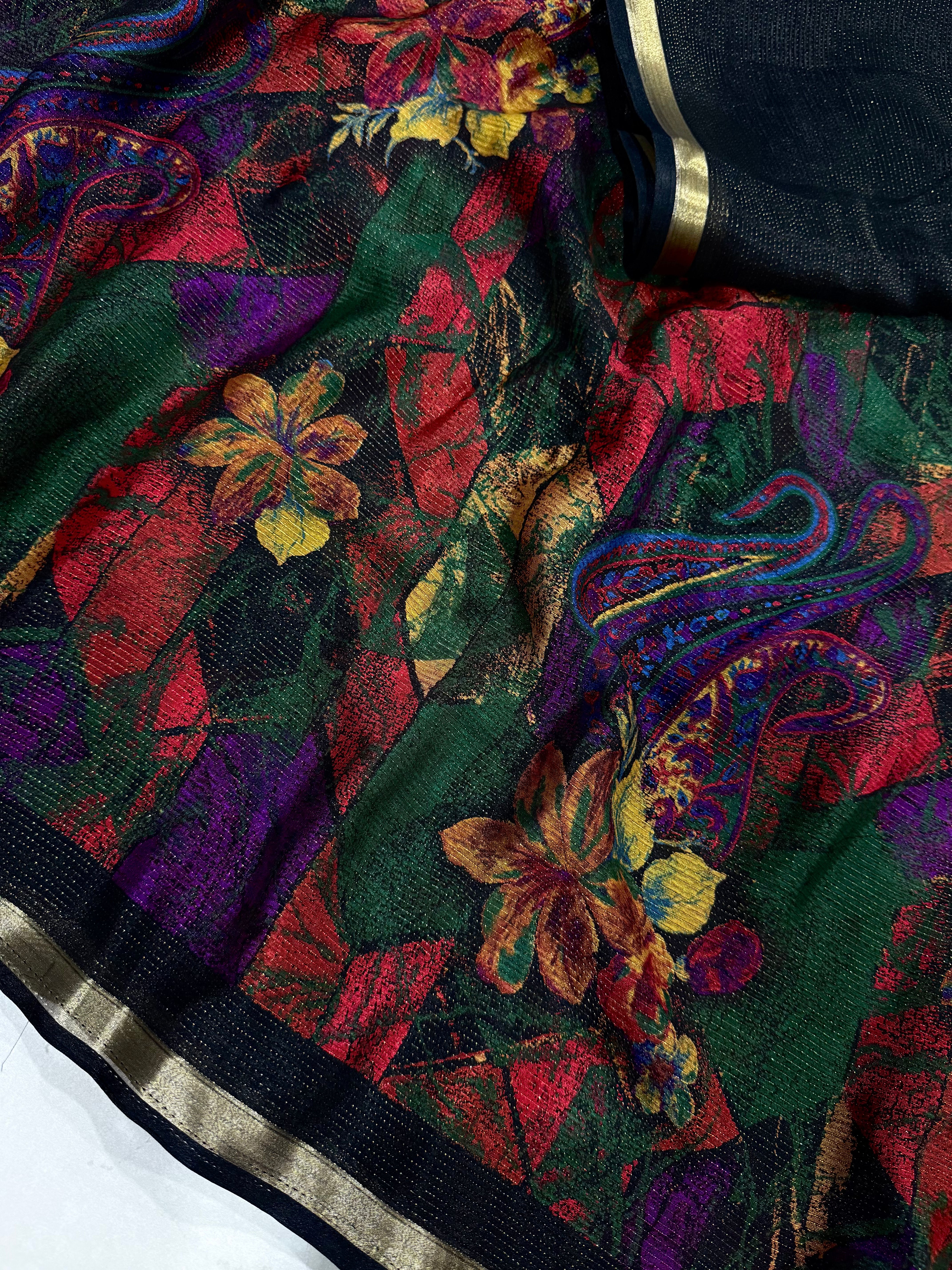 Fantabulous Function Wear Chiffon Silk Print Design Zari Border Fancy Saree With Blouse Piece