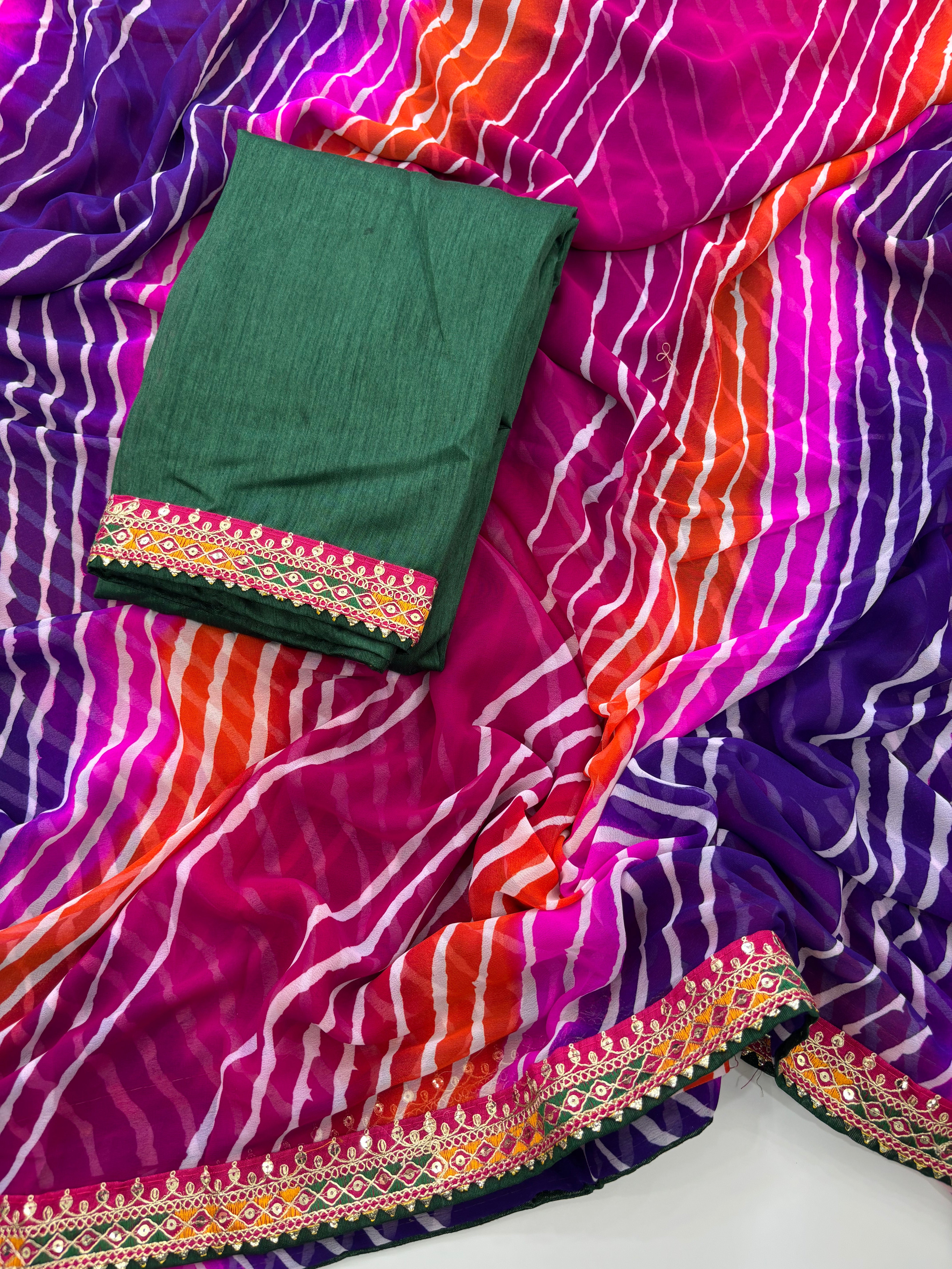 Traditional Function Wear Bandhej Print n Georgette Embroidery Lace Work Fancy Designer Saree With Blouse Piece