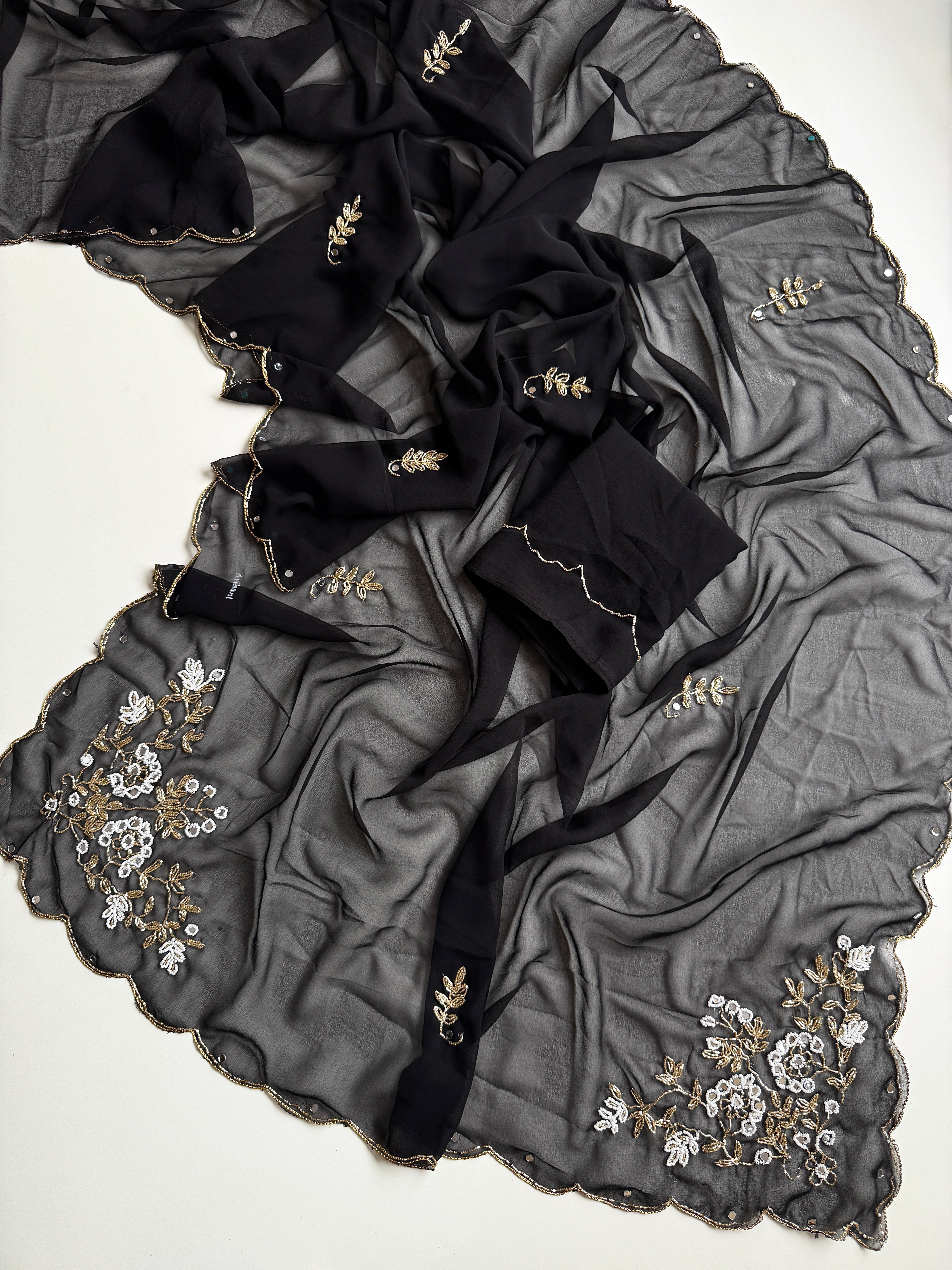 Attractive Party Wear Pure Soft Georgette Handwork Flower Design Saree For Occasion