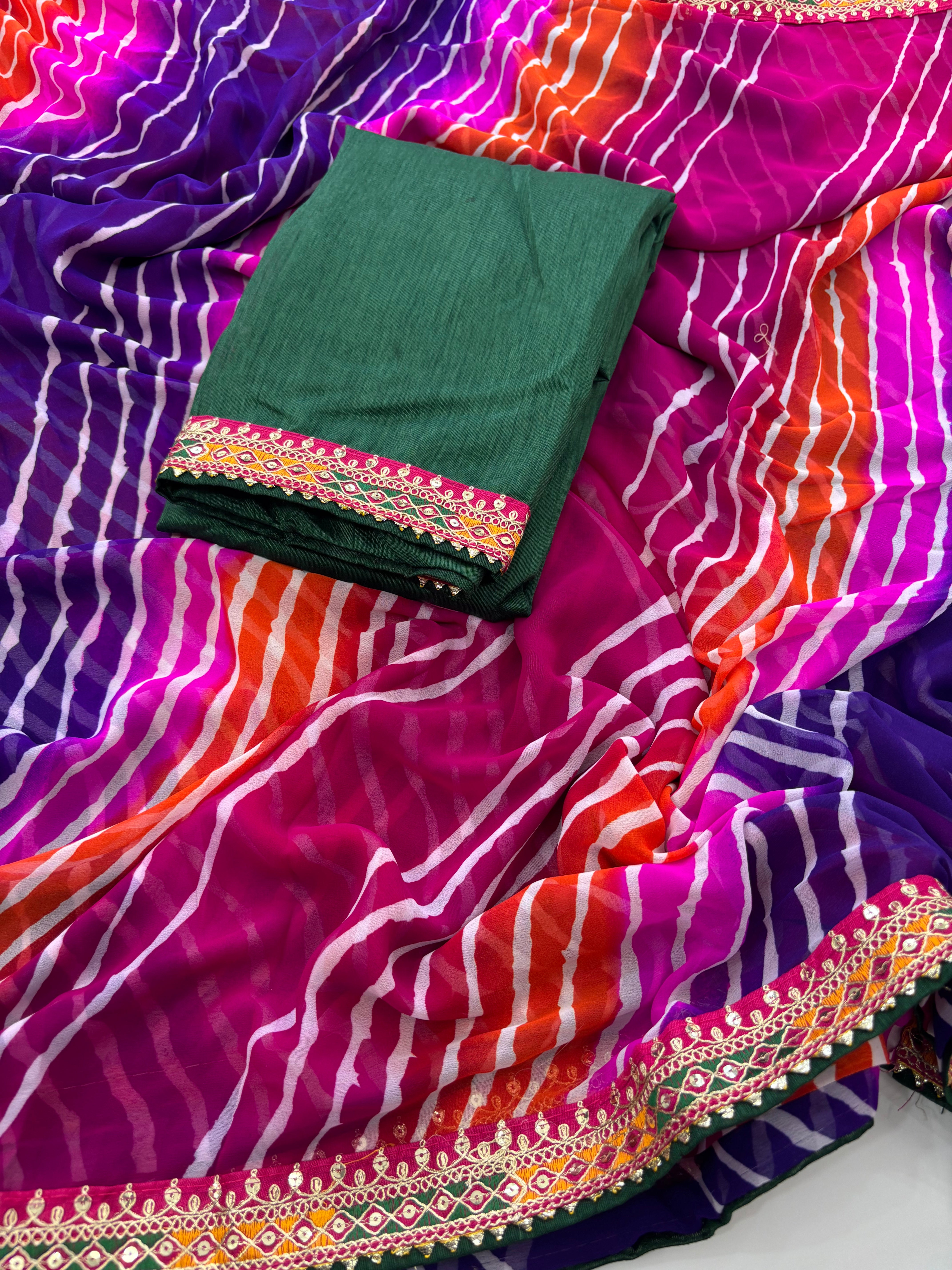 Traditional Function Wear Bandhej Print n Georgette Embroidery Lace Work Fancy Designer Saree With Blouse Piece