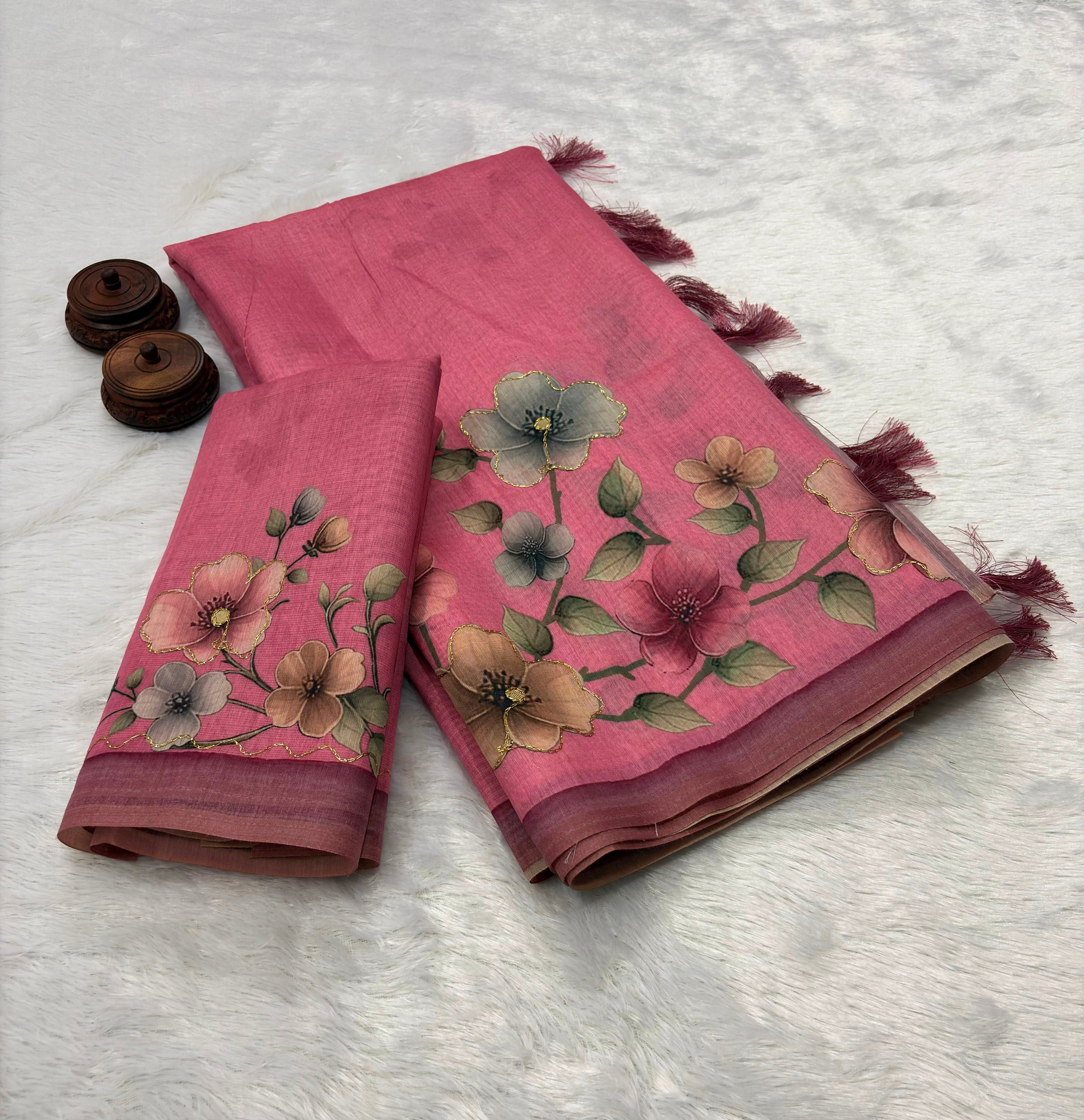 Captivating Party Wear Banarasi Cotton Silk Printed Design Tassel Pallu Fancy Saree With Matching Blouse Piece