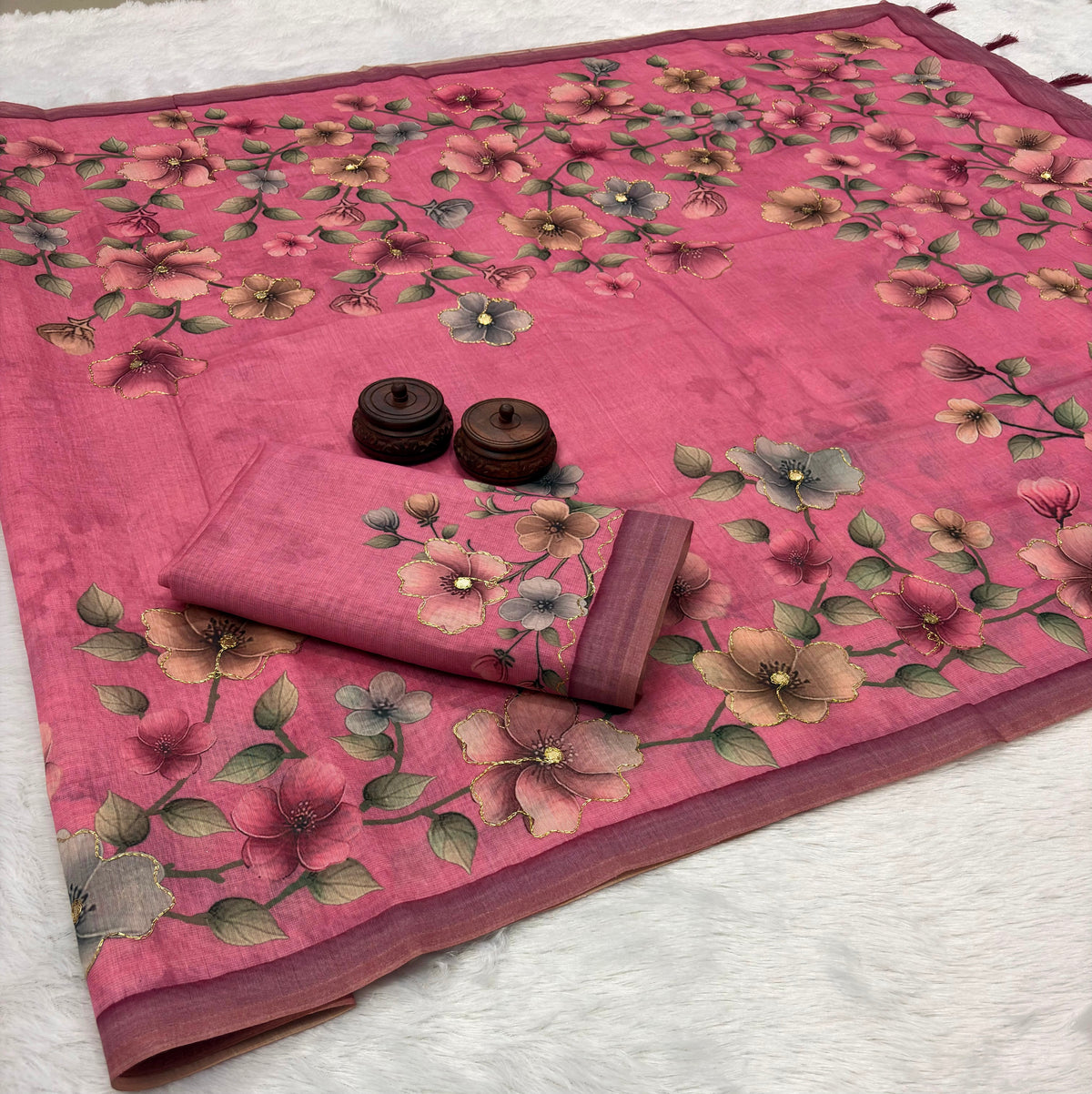 Captivating Party Wear Banarasi Cotton Silk Printed Design Tassel Pallu Fancy Saree With Matching Blouse Piece
