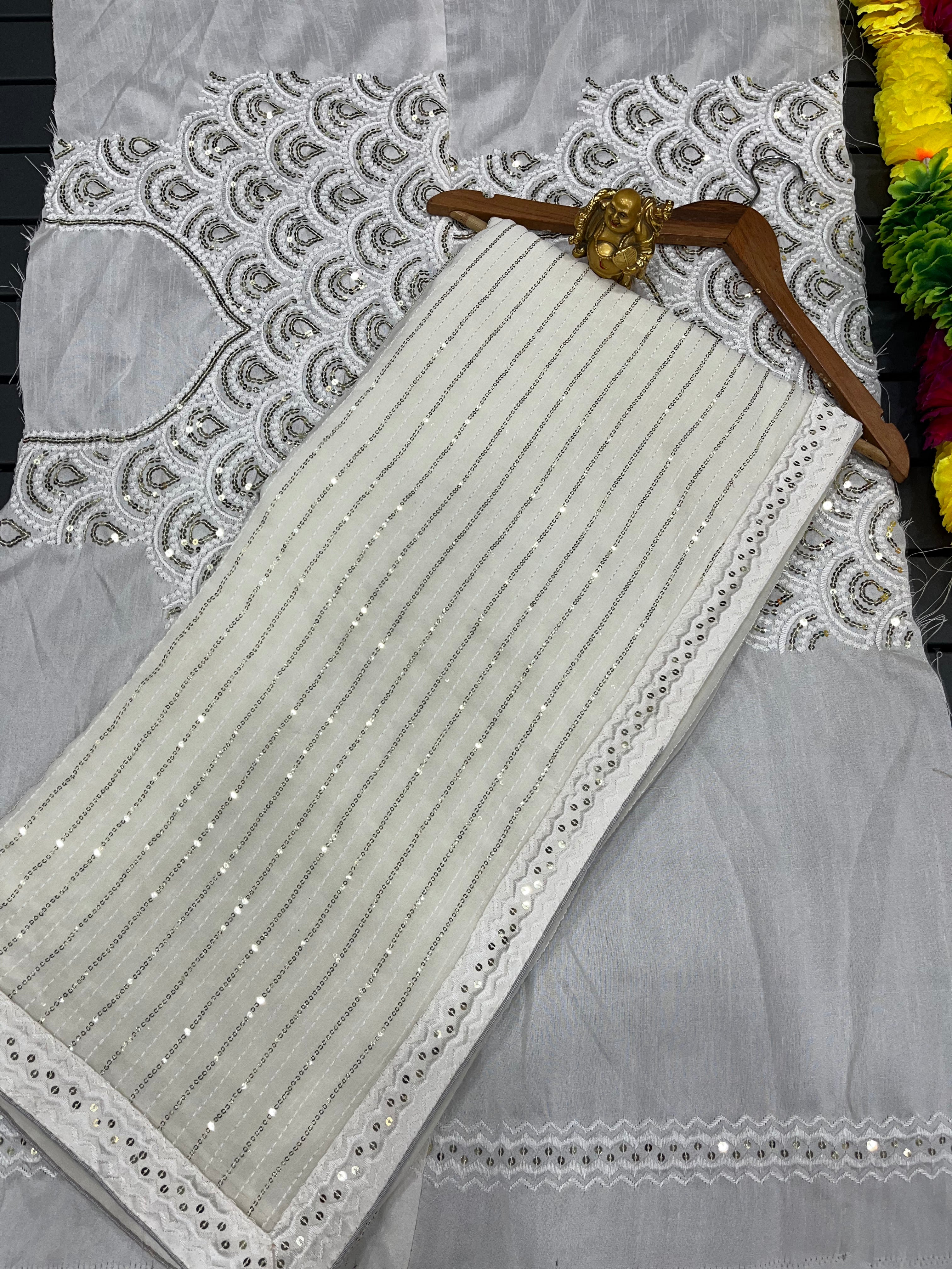 Latest White Color Georgette Sequence Work Fancy Design Partywear Saree
