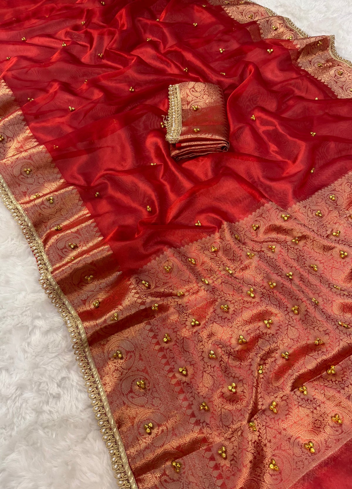 Dazzling Festive Wear Tissue Silk Golden Zari Border Rich Pallu n Ghungroo Work Saree With Blouse Piece