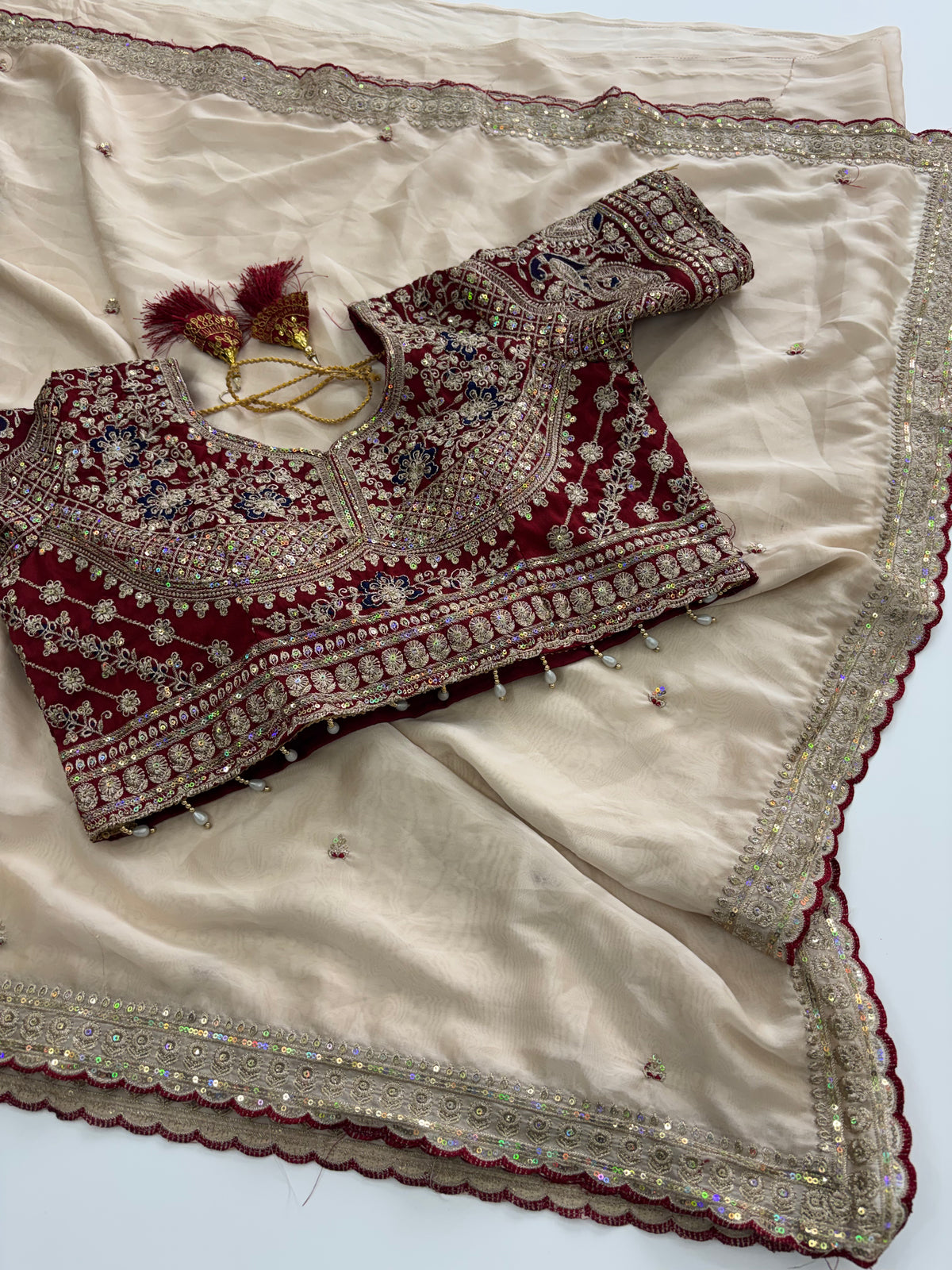 Quintessential Wedding Wear Satin Silk Sequence n Embroidery Work Butti Desginer Saree With Stitched Blouse