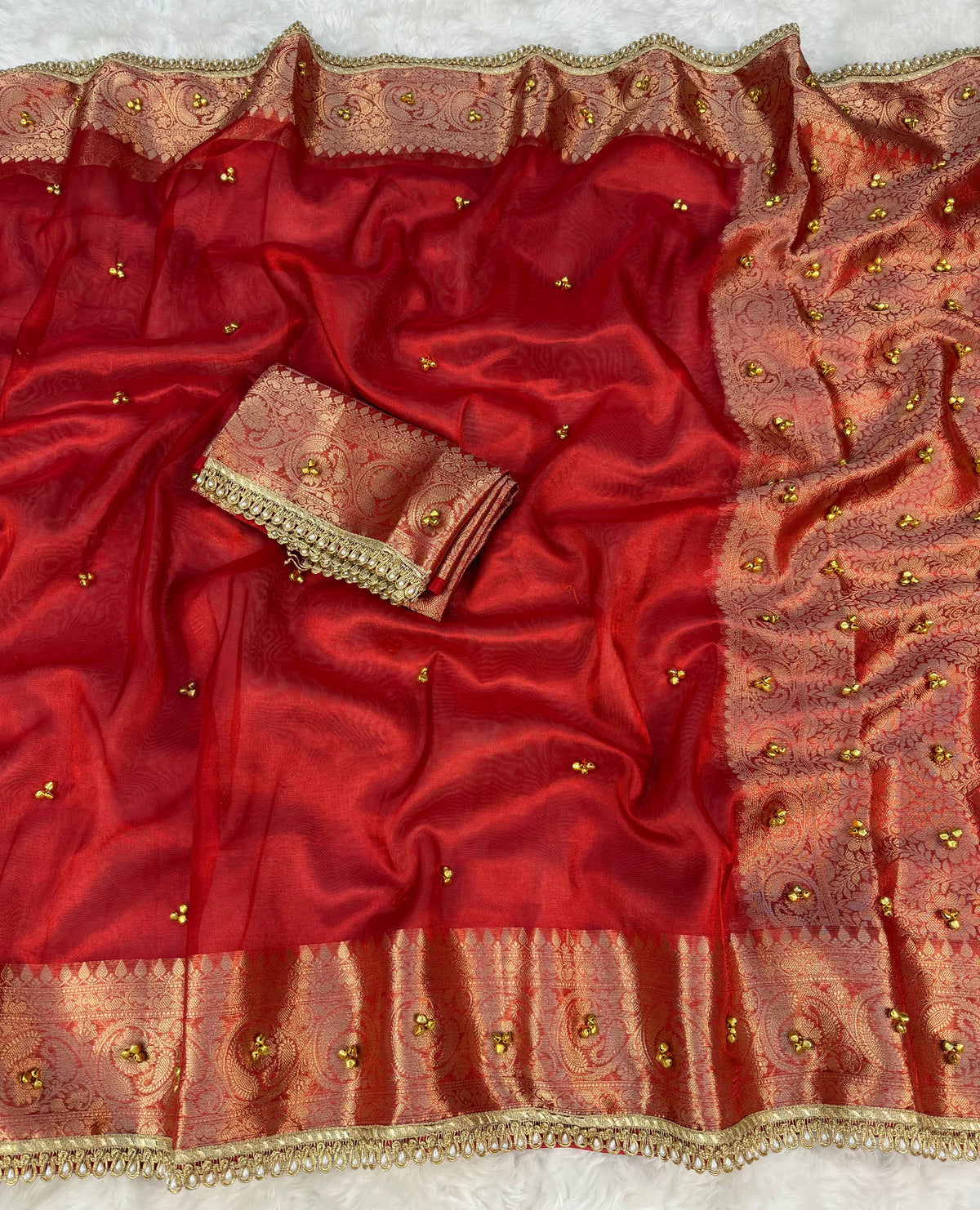 Dazzling Festive Wear Tissue Silk Golden Zari Border Rich Pallu n Ghungroo Work Saree With Blouse Piece