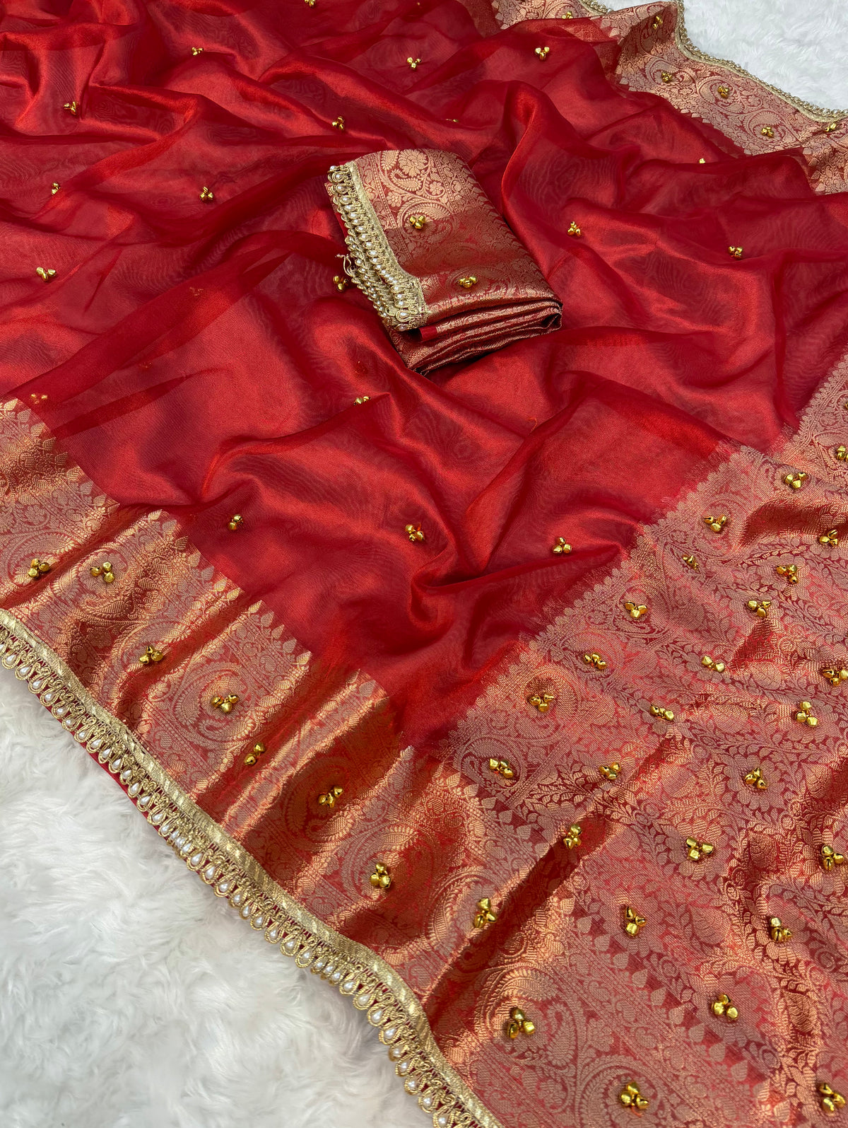 Dazzling Festive Wear Tissue Silk Golden Zari Border Rich Pallu n Ghungroo Work Saree With Blouse Piece