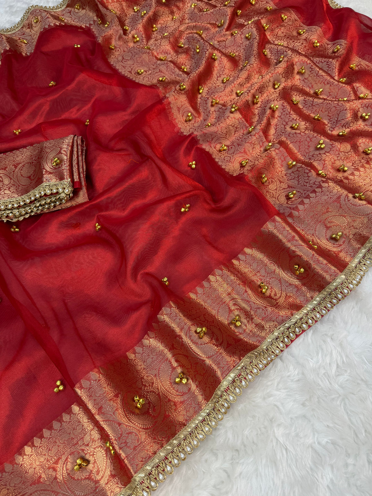 Dazzling Festive Wear Tissue Silk Golden Zari Border Rich Pallu n Ghungroo Work Saree With Blouse Piece