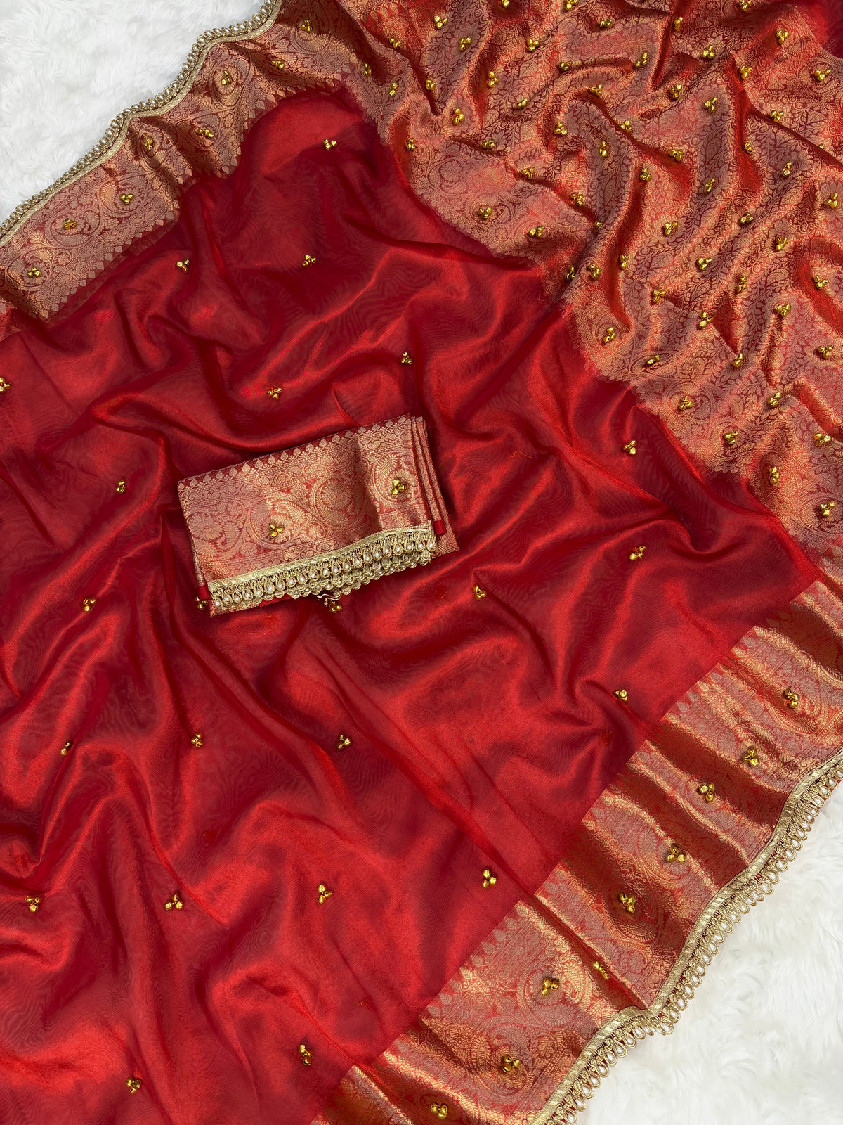 Dazzling Festive Wear Tissue Silk Golden Zari Border Rich Pallu n Ghungroo Work Saree With Blouse Piece