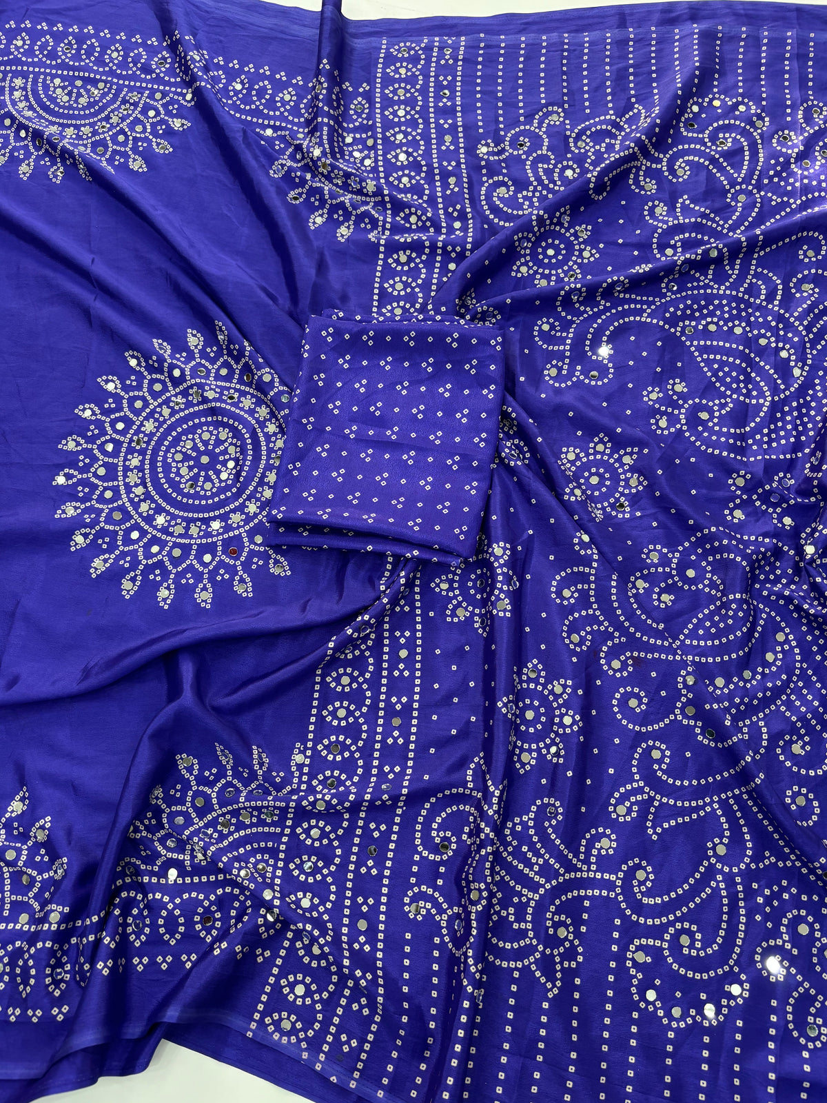 Artisanal Function Wear Pure Satin Silk Ajrak Printed Rich Pallu n Mirror Work Designer Saree