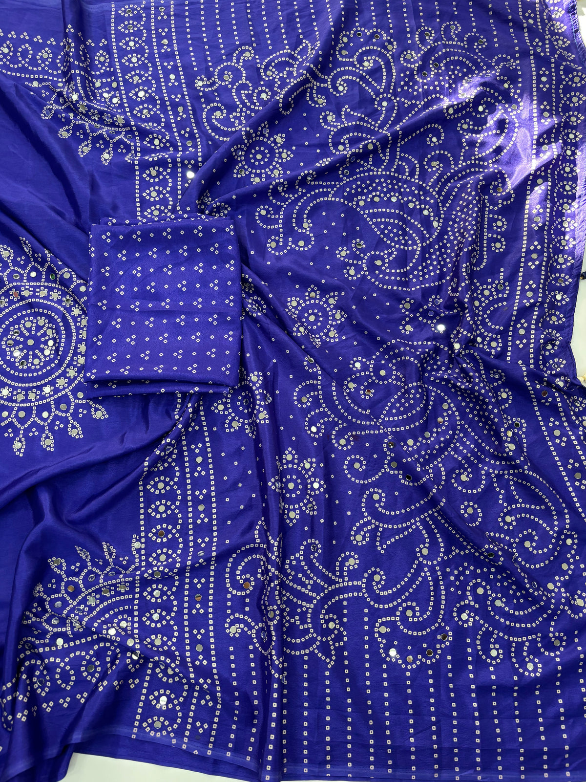 Artisanal Function Wear Pure Satin Silk Ajrak Printed Rich Pallu n Mirror Work Designer Saree