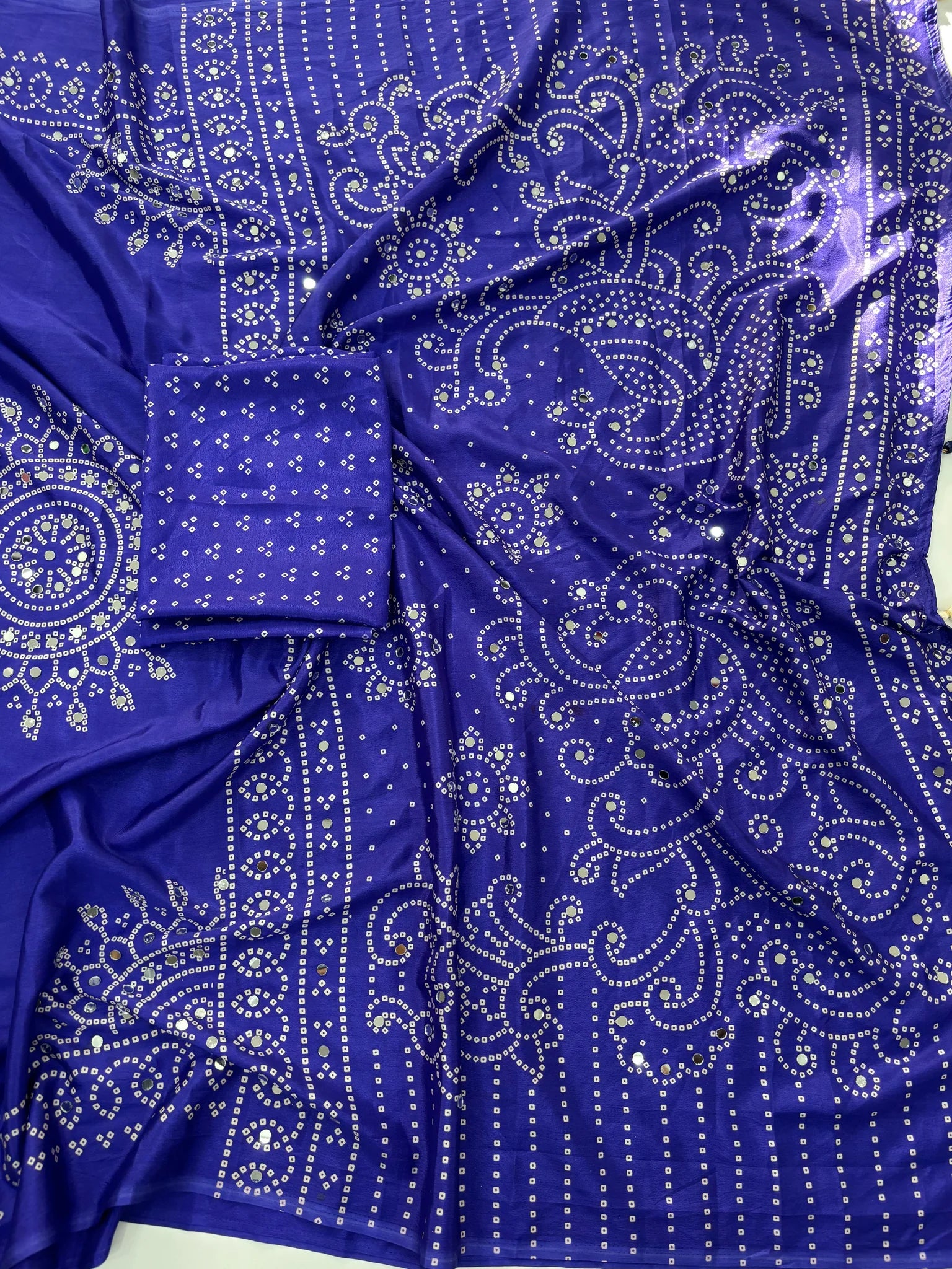 Artisanal Function Wear Pure Satin Silk Ajrak Printed Rich Pallu n Mirror Work Designer Saree