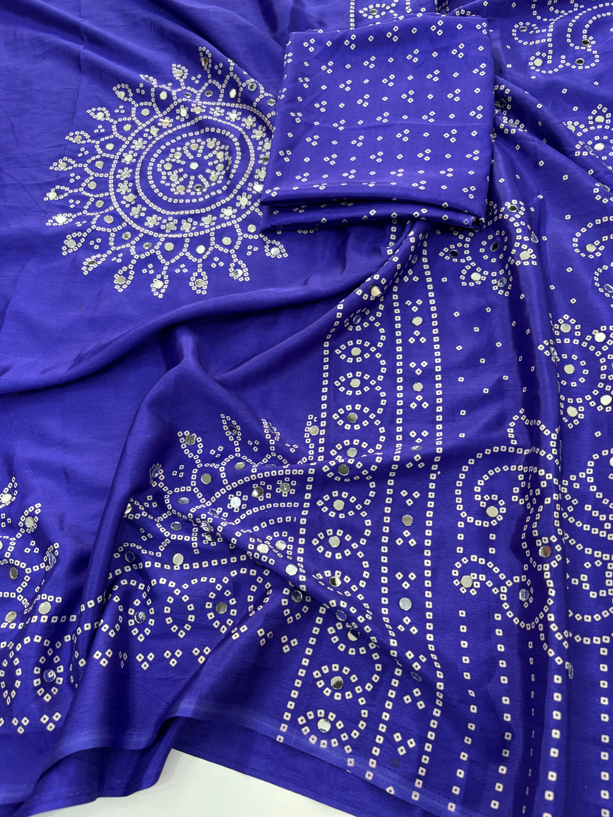 Artisanal Function Wear Pure Satin Silk Ajrak Printed Rich Pallu n Mirror Work Designer Saree