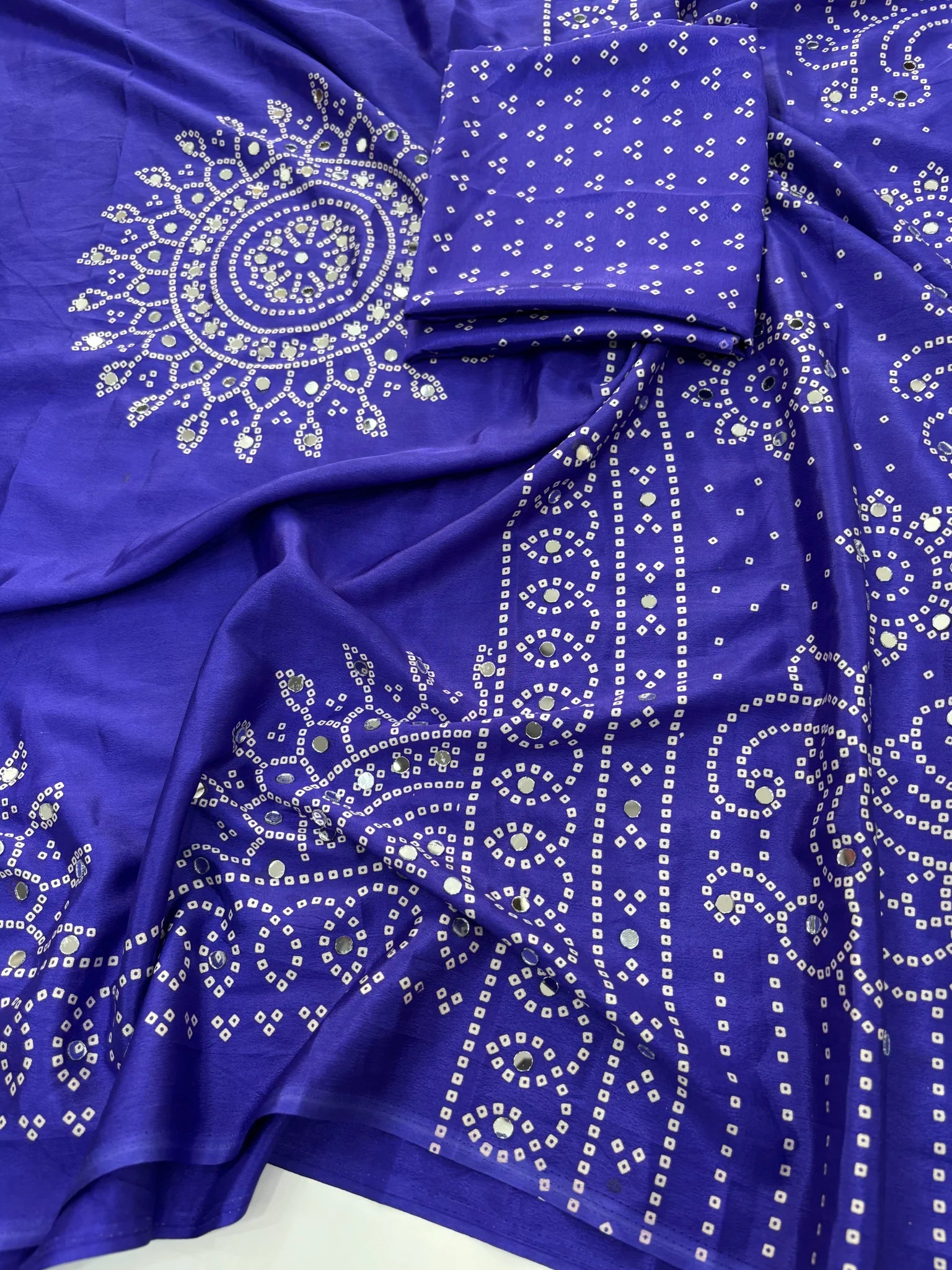 Artisanal Function Wear Pure Satin Silk Ajrak Printed Rich Pallu n Mirror Work Designer Saree