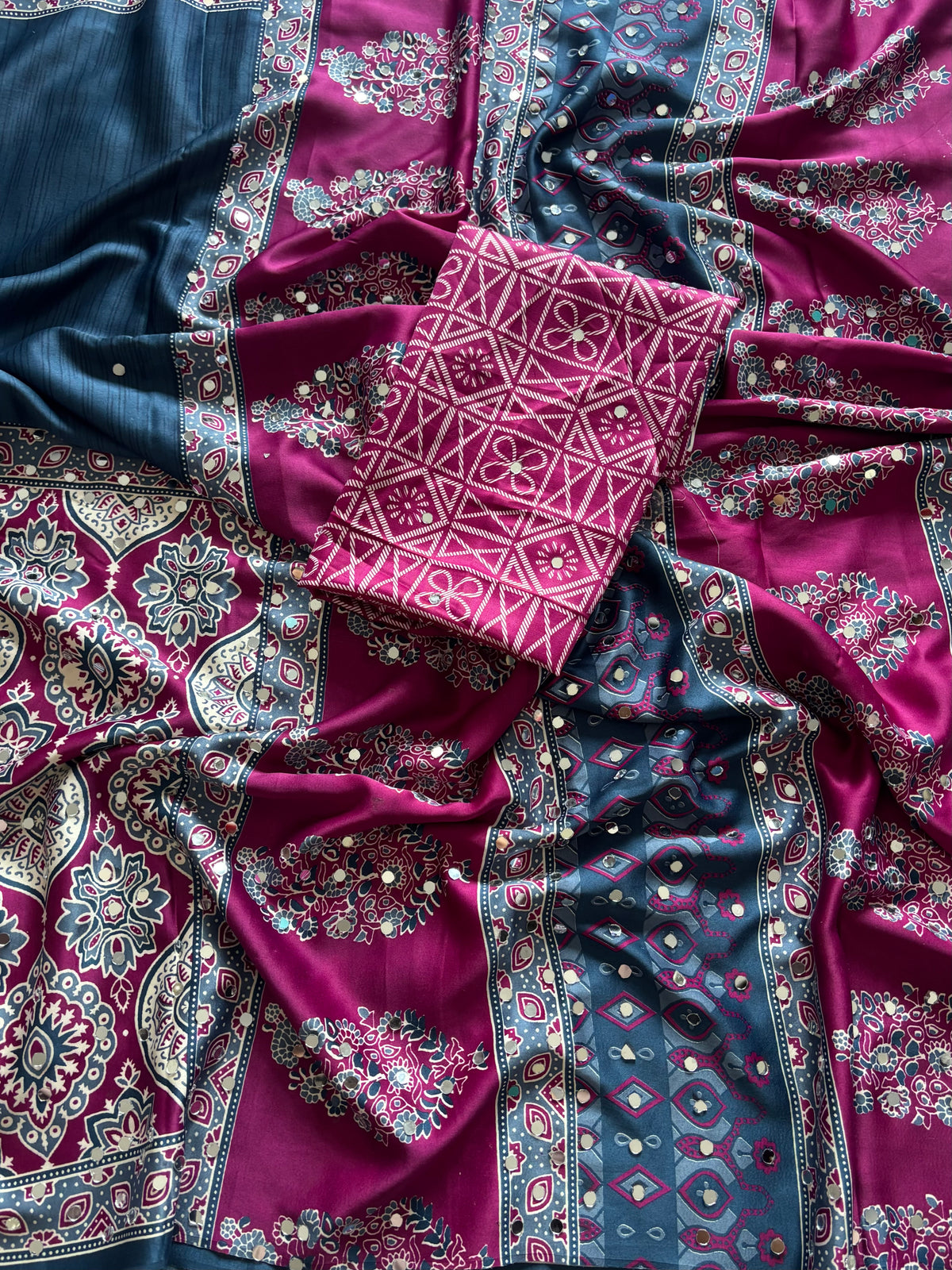 Stunning Function Wear Satin Silk Real Mirror n Print Work Designer Saree With Blouse Piece