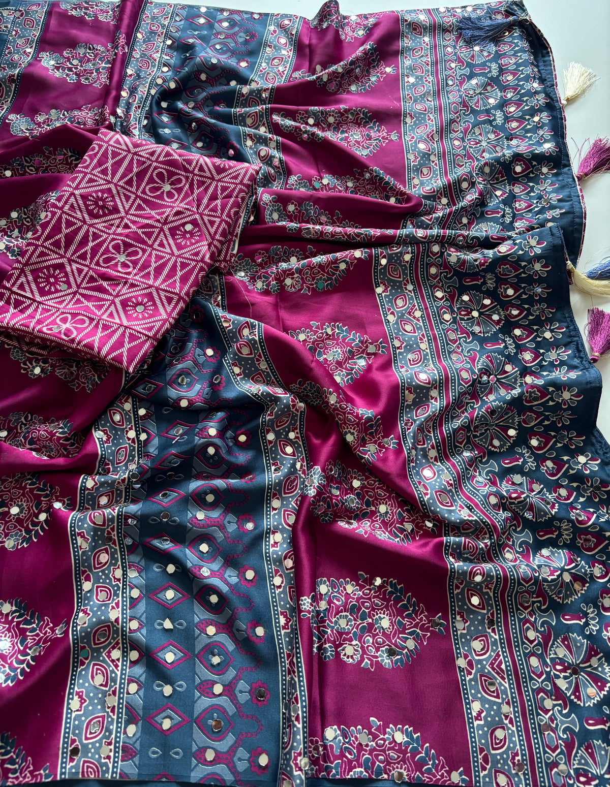 Stunning Function Wear Satin Silk Real Mirror n Print Work Designer Saree With Blouse Piece