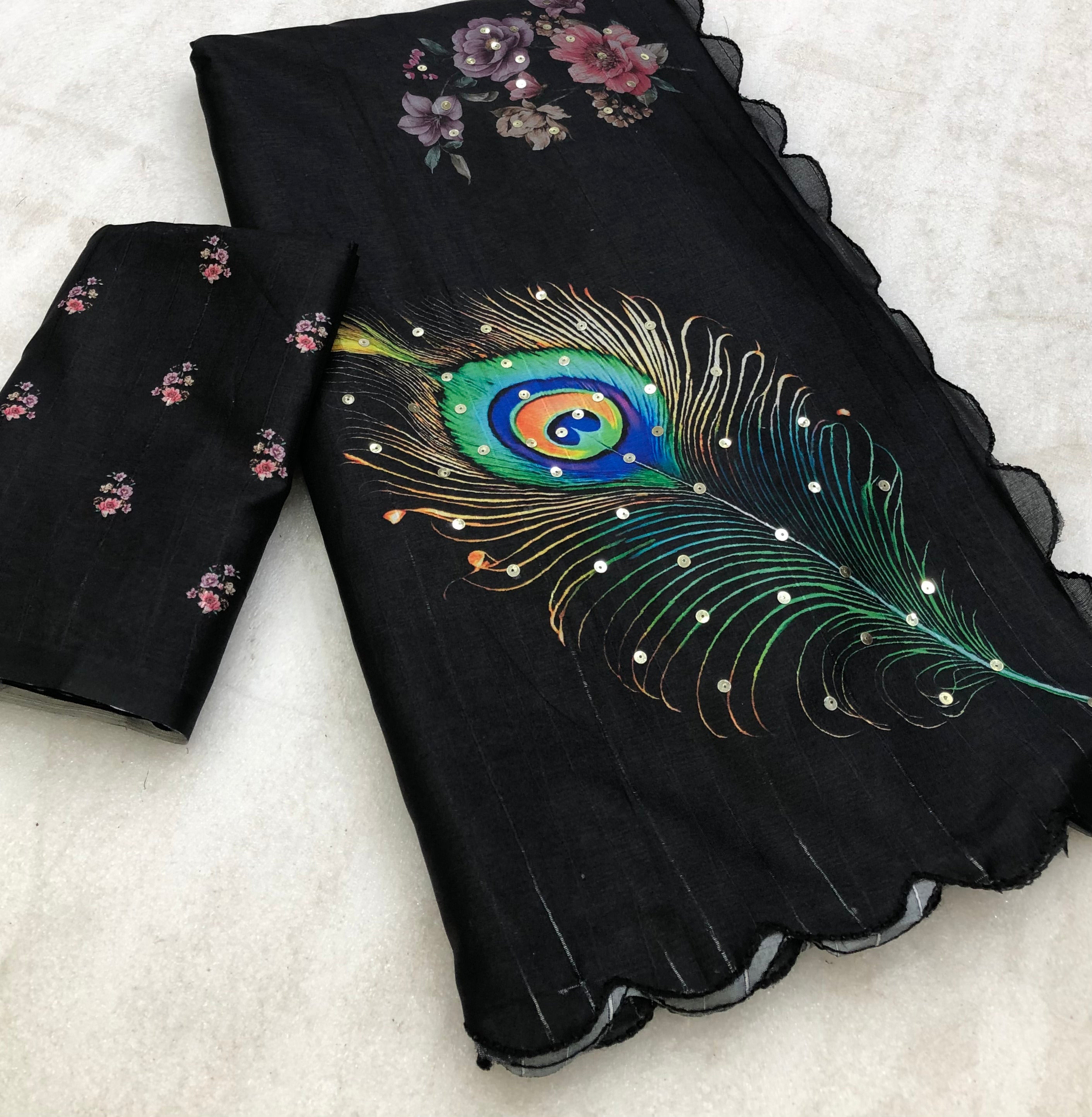 Unequalled Festive Wear Tussar Silk Digital Print n Embroidery Cut Border Designer Saree For Women
