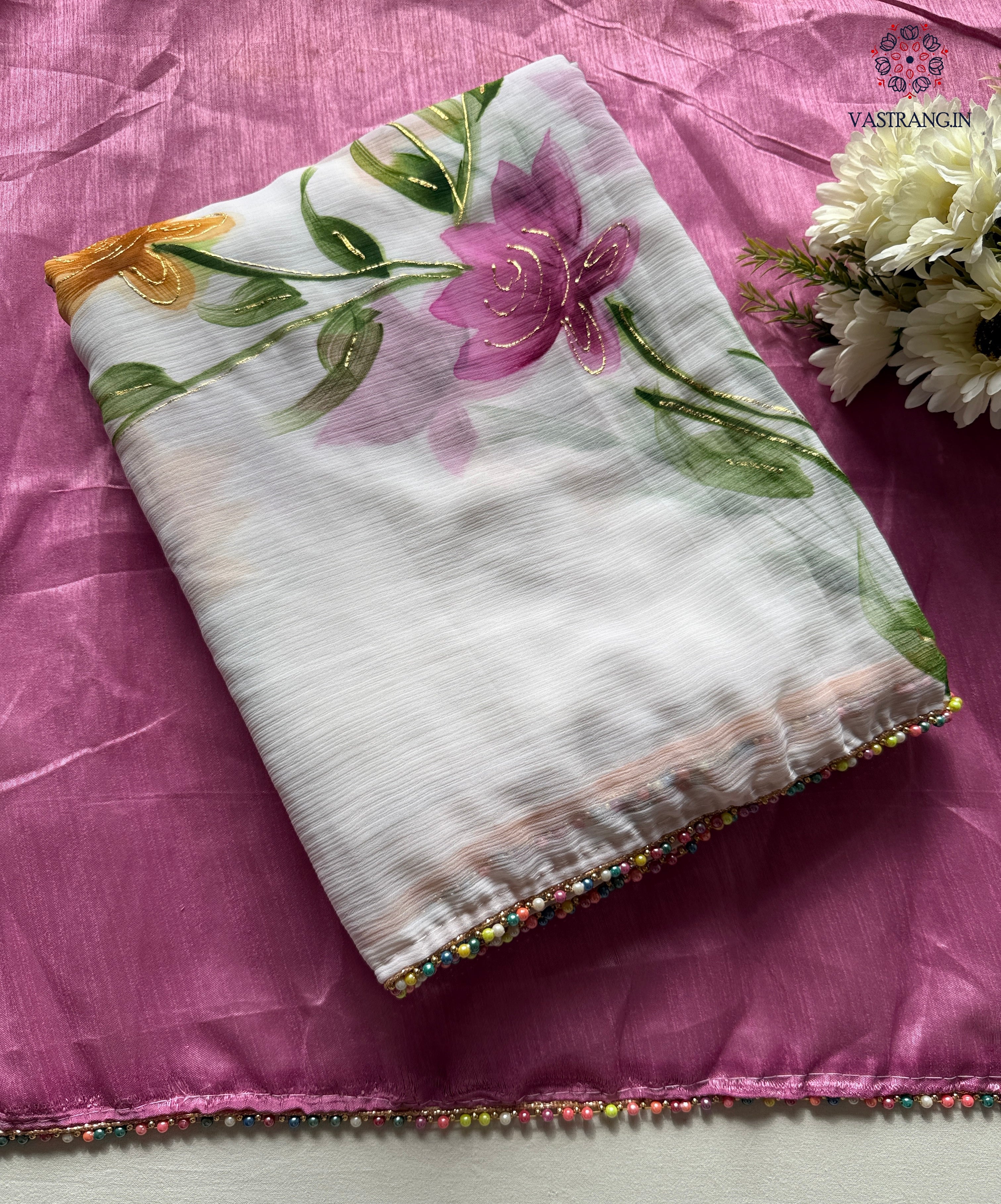 Florescences White Color Chiffon Floral Handbrush Print With Foil n Moti Lace Work Fancy Designer Saree