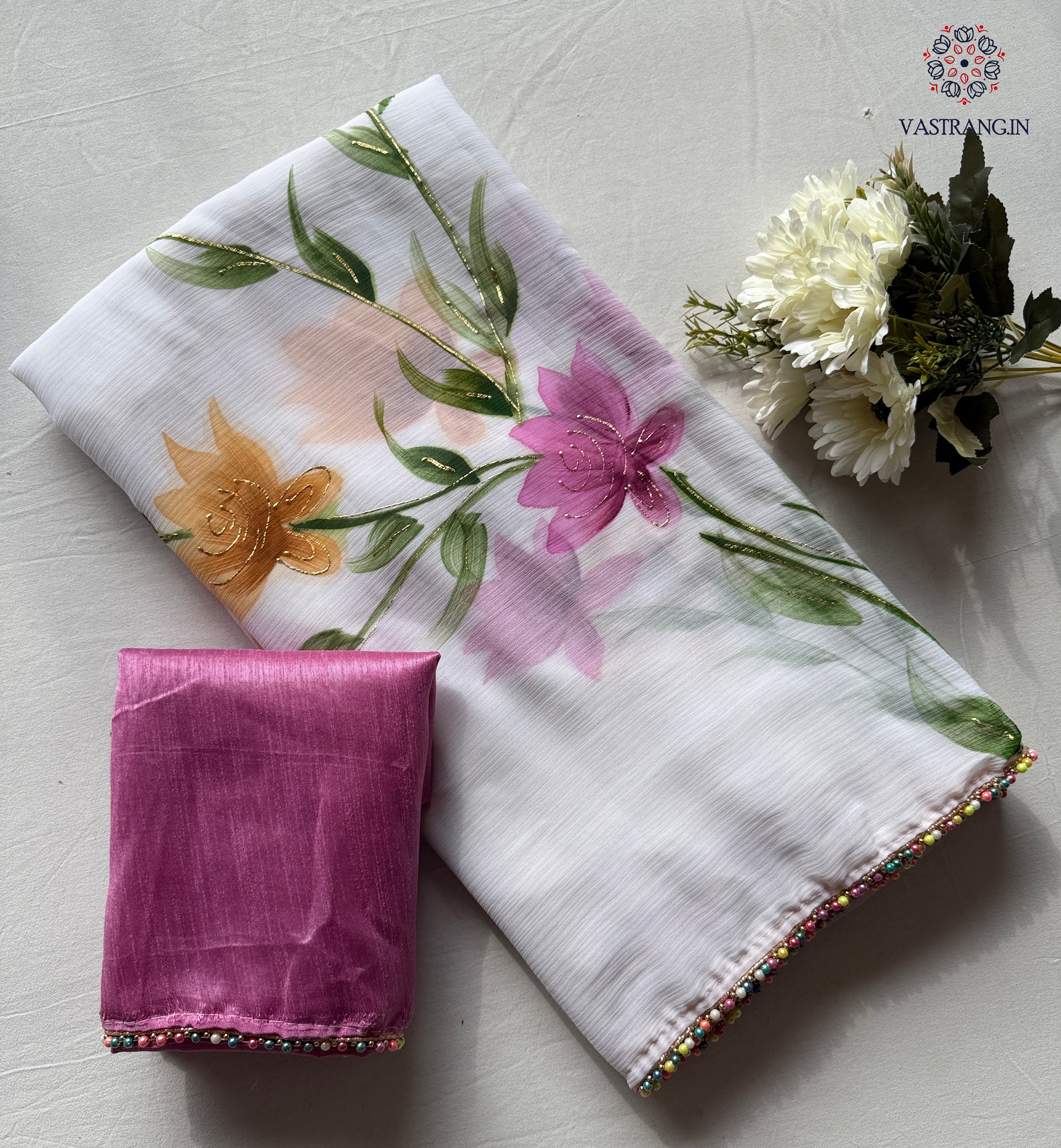Florescences White Color Chiffon Floral Handbrush Print With Foil n Moti Lace Work Fancy Designer Saree