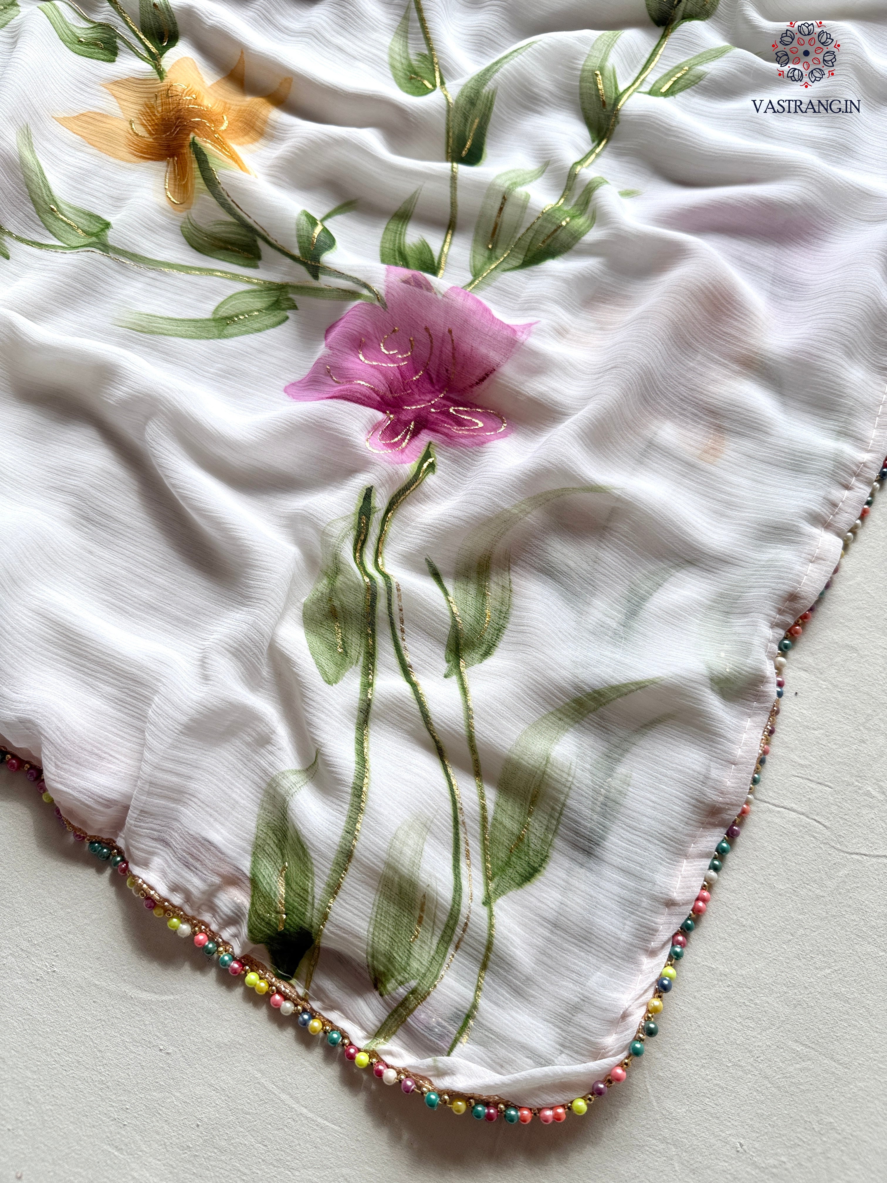 Florescences White Color Chiffon Floral Handbrush Print With Foil n Moti Lace Work Fancy Designer Saree