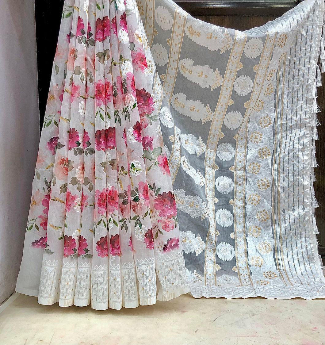 New Soft Linen White n Pink Flower Print Lucknowi Style Weaving Butti Fancy Designer Saree