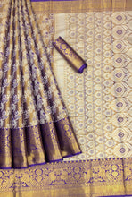 Load image into Gallery viewer, New Purple Color Kanjiviram Pattu Silk Gold Zari Weaving Wedding Wear Saree With Blouse
