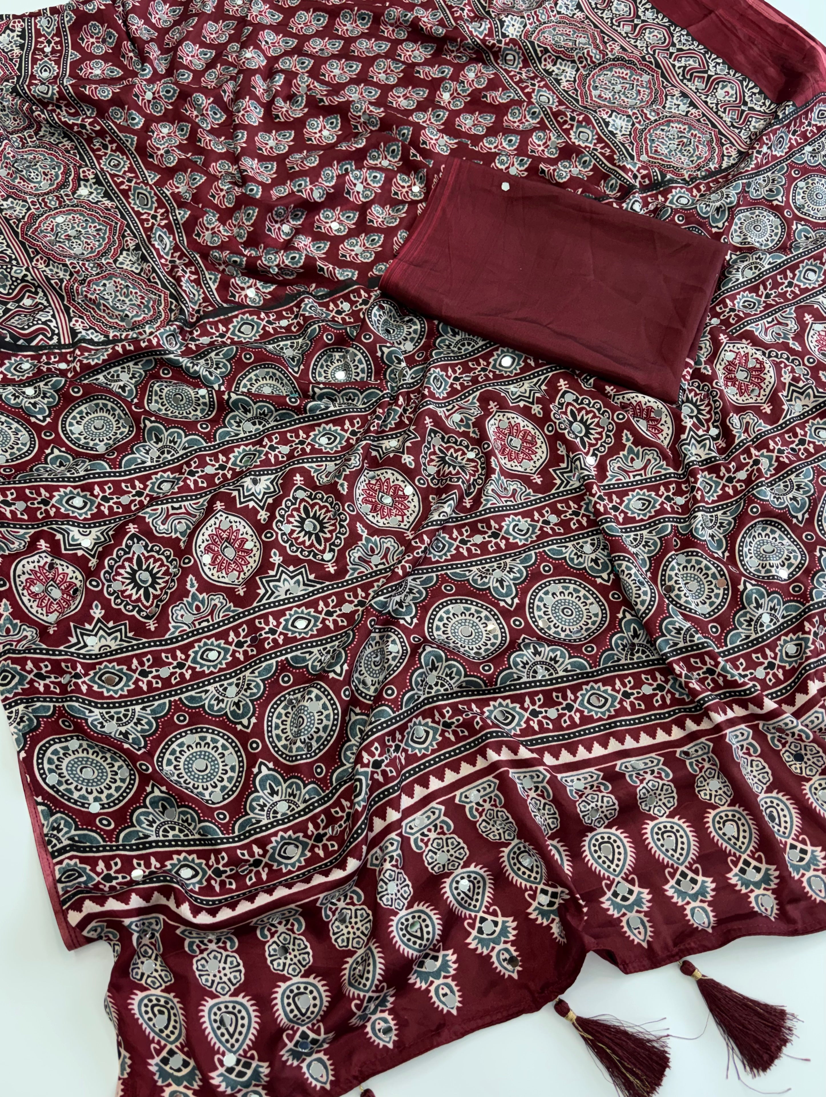 Lassitude Party Wear Satin Silk Original Mirror n Print Work Fancy Saree For Women