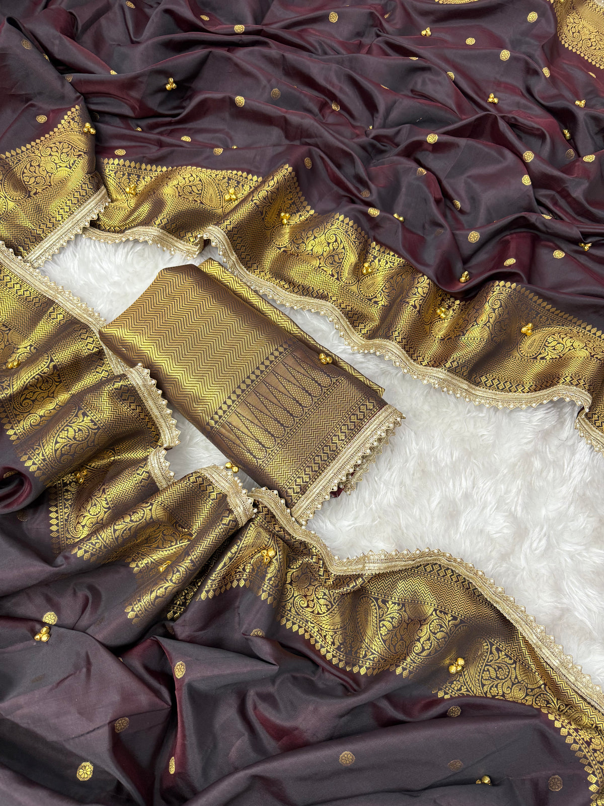 Regal Wedding Wear Banarasi Soft Silk Zari Border Rich Pallu n Ghungroo Work Saree With Blouse Piece