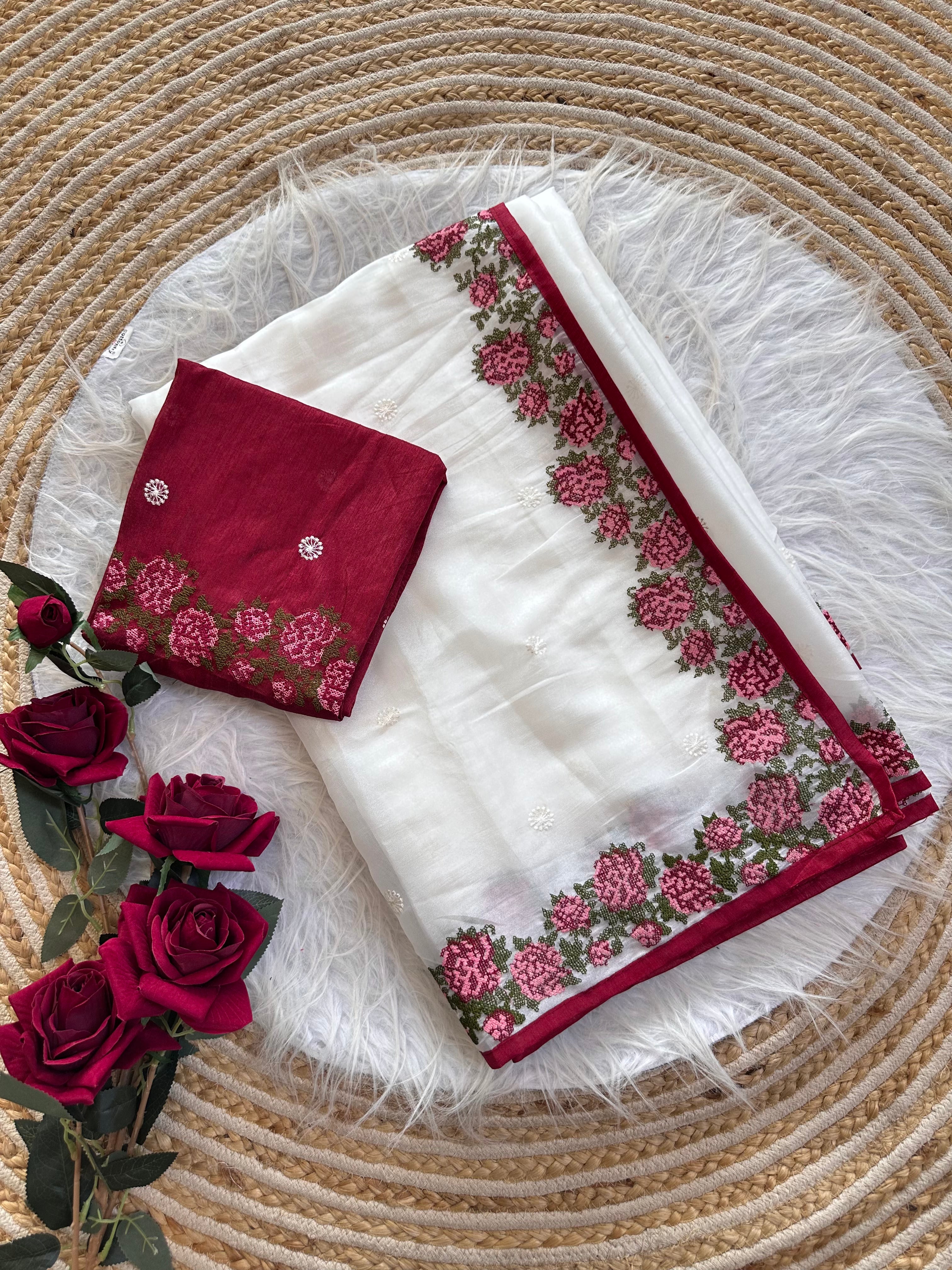 Regal Wedding Wear Tissue Silk Embroidery Work Desginer Saree With Contrast Blouse Piece