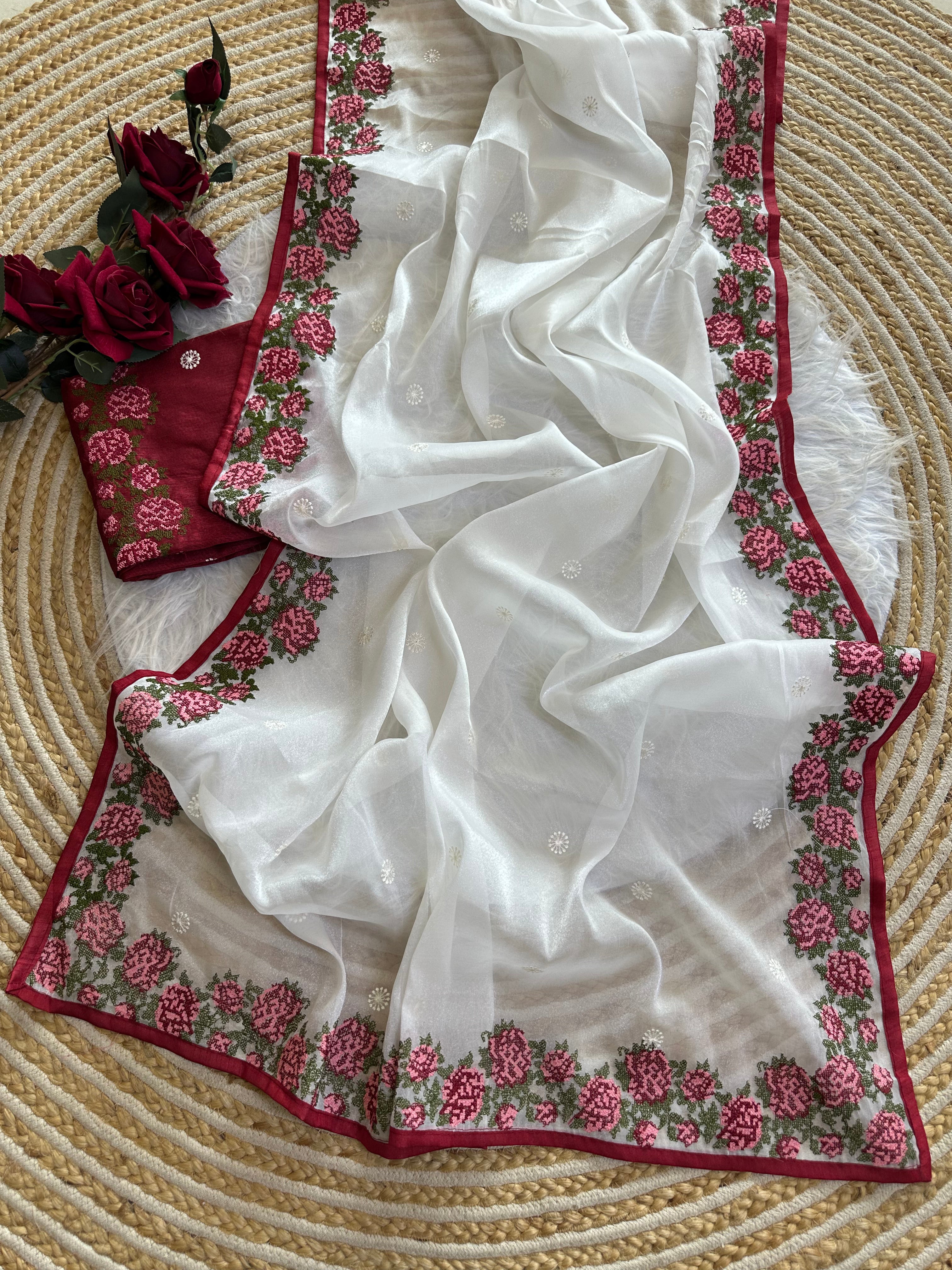 Regal Wedding Wear Tissue Silk Embroidery Work Desginer Saree With Contrast Blouse Piece