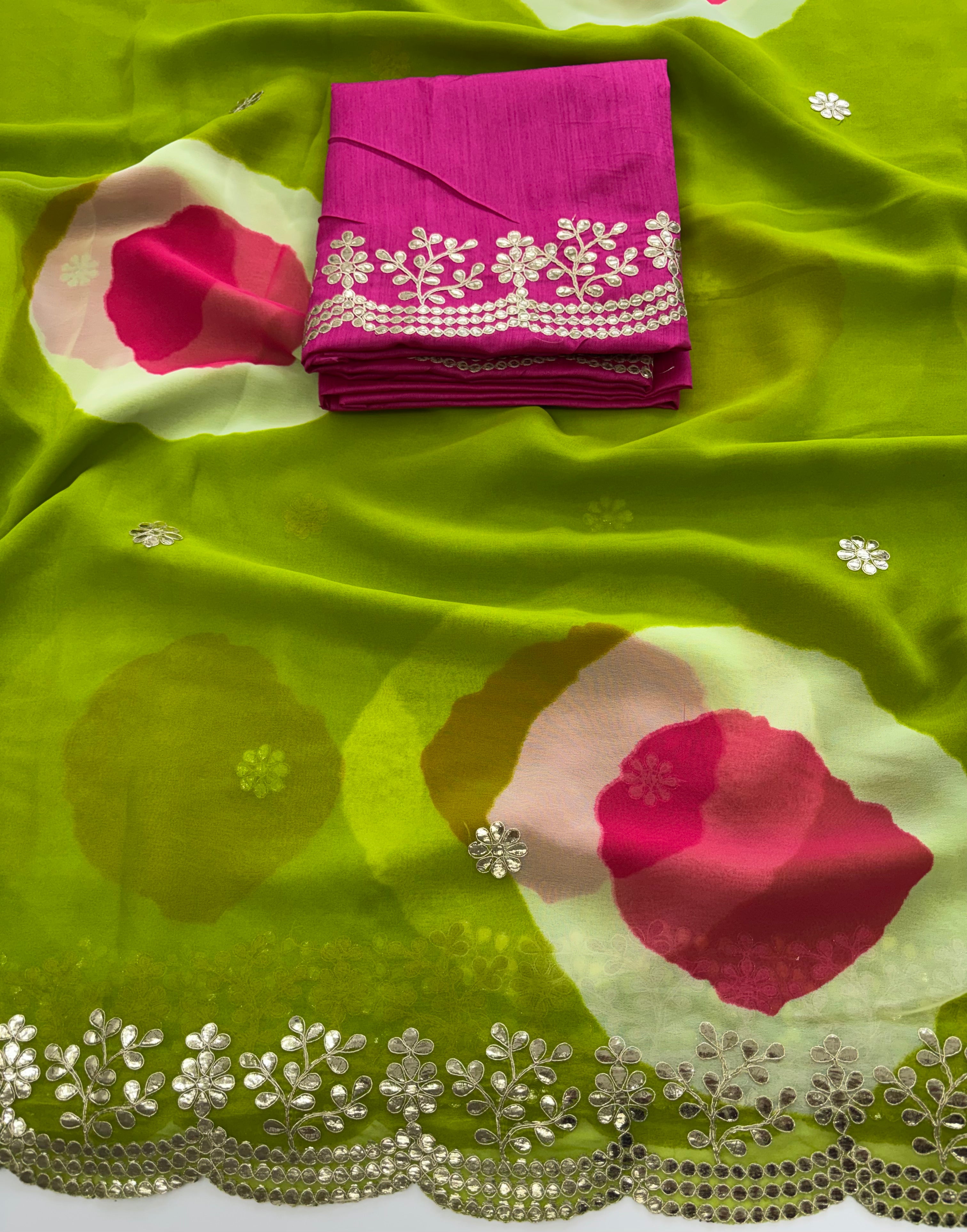 Blooming Party Wear Georgette Bandhej Print n Embroidery Work Fancy Saree For Occasion