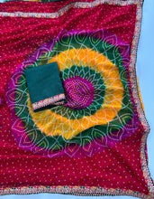 Load image into Gallery viewer, Lassitude Festive Wear Georgette Bandhej Print Embroidery Lace Work Fancy Saree With Blouse Piece
