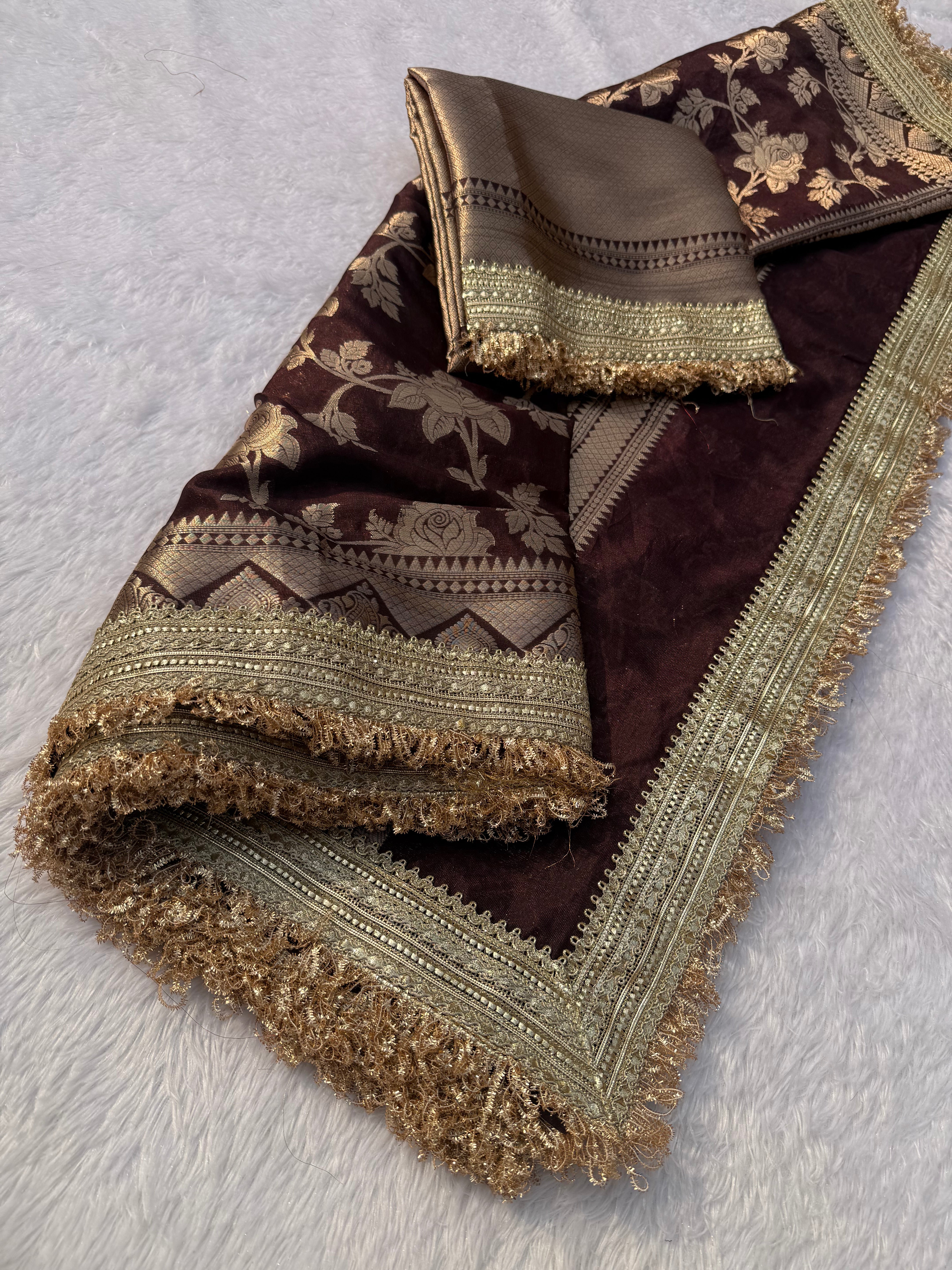 Adorable Wedding Wear Brown Color Soft Banarasi Silk Jacquard Zari Weaving With Lace Border Work Fancy Designer Saree