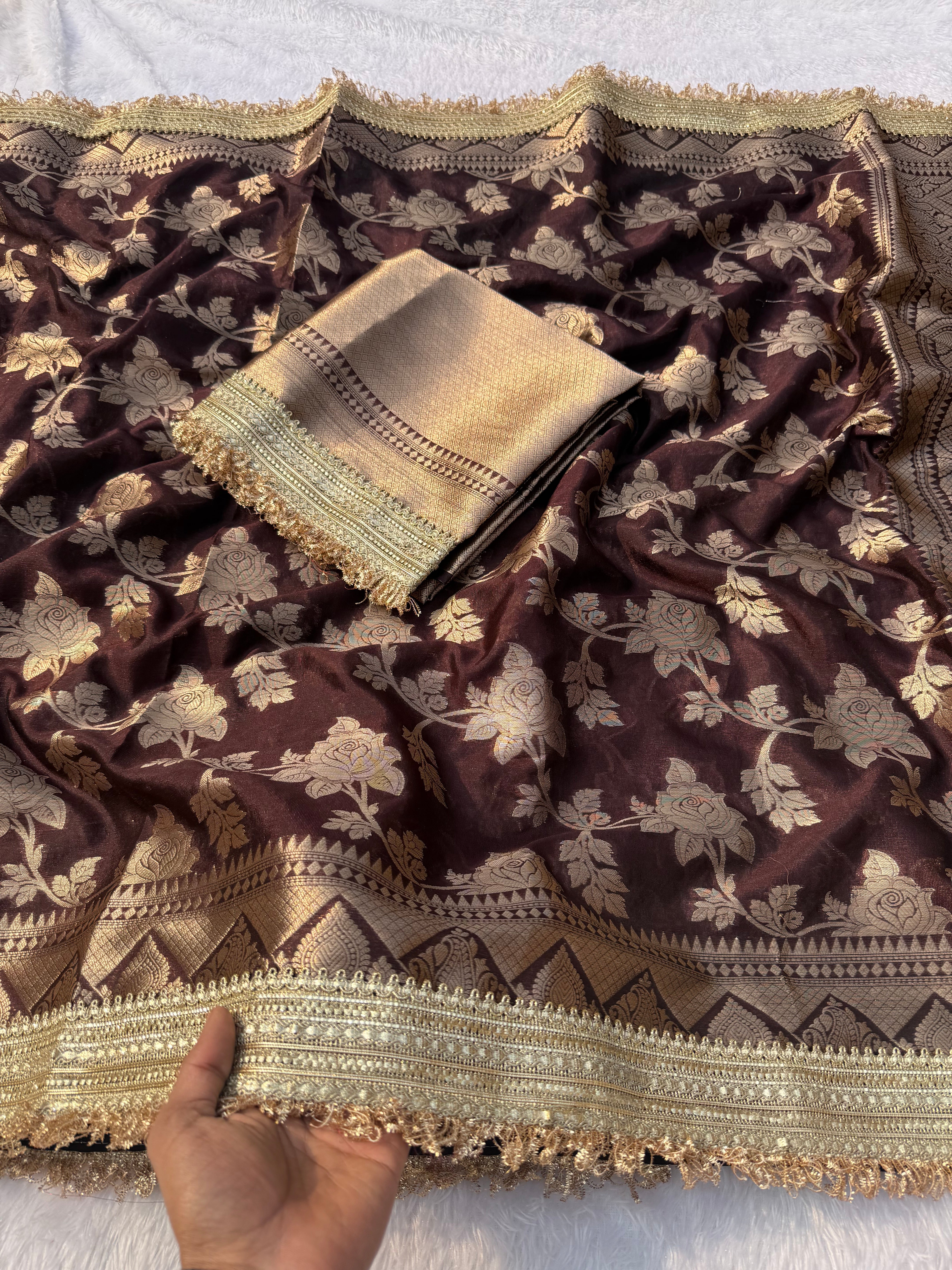 Adorable Wedding Wear Brown Color Soft Banarasi Silk Jacquard Zari Weaving With Lace Border Work Fancy Designer Saree