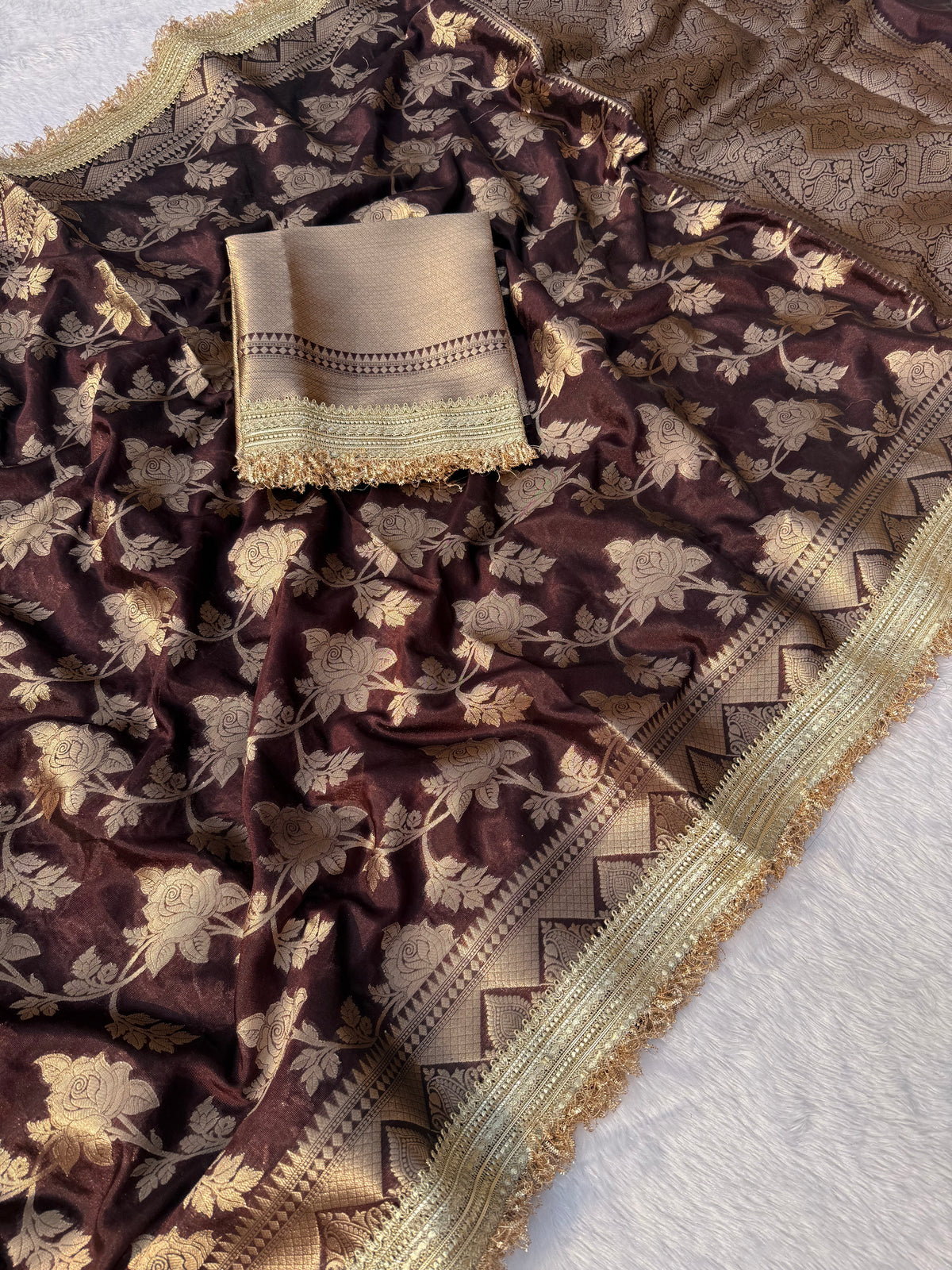 Adorable Wedding Wear Brown Color Soft Banarasi Silk Jacquard Zari Weaving With Lace Border Work Fancy Designer Saree