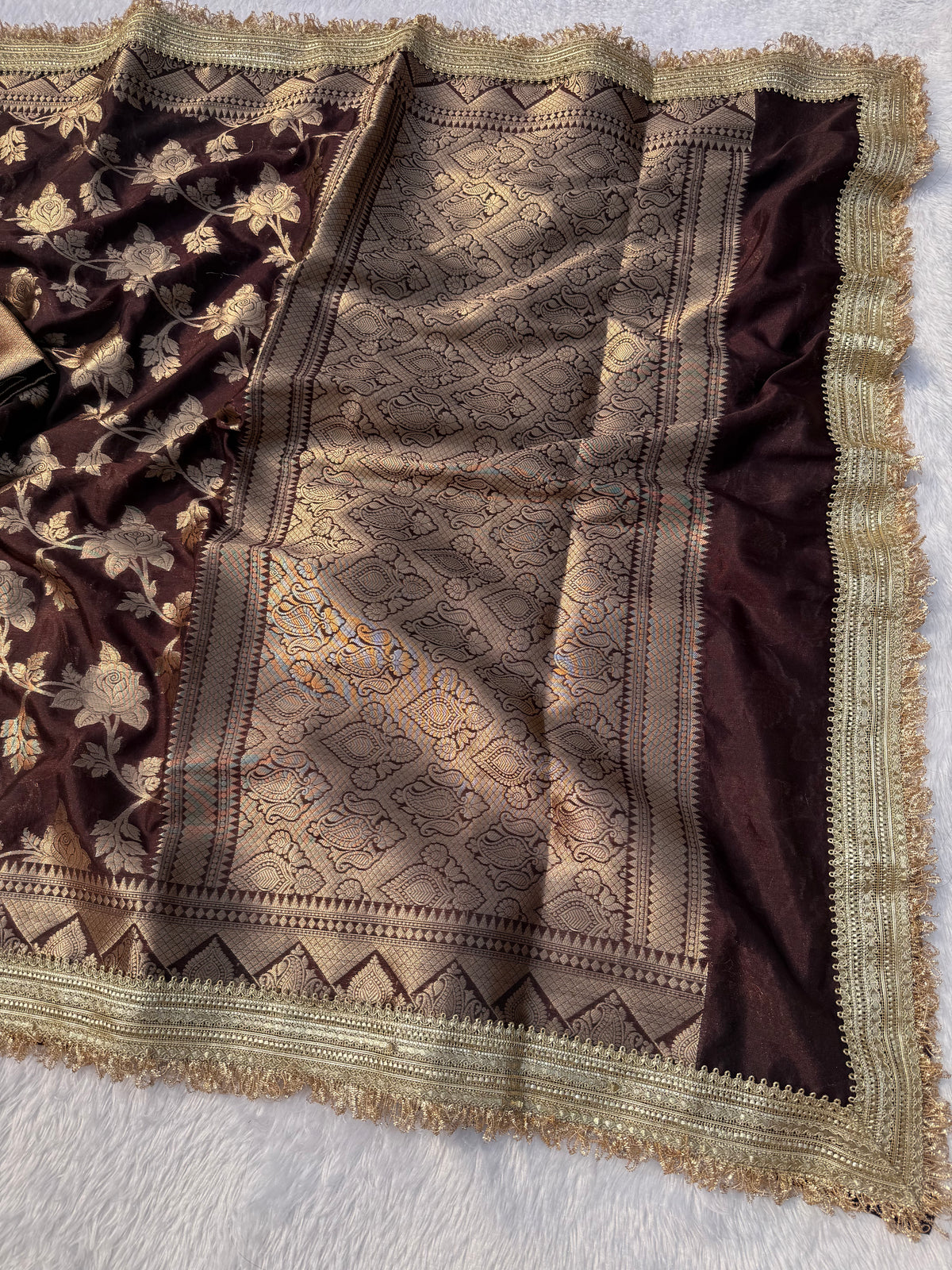 Adorable Wedding Wear Brown Color Soft Banarasi Silk Jacquard Zari Weaving With Lace Border Work Fancy Designer Saree